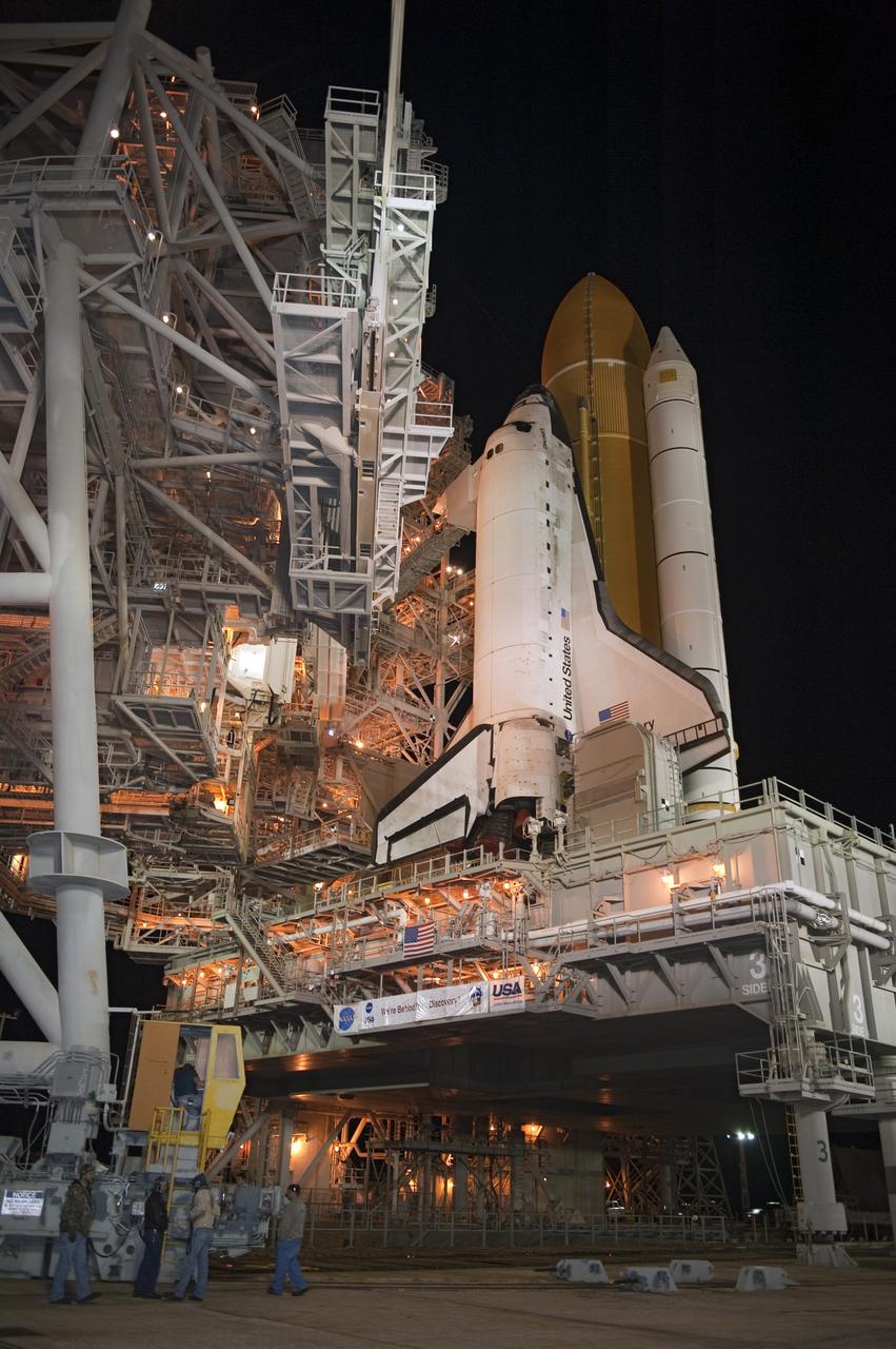 CAPE CANAVERAL, Fla. -- Space shuttle Discovery arrives at Launch Pad 39A from the Vehicle Assembly Building at NASA's Kennedy Space Center in Florida. It took the shuttle, attached to its external fuel tank, twin solid rocket boosters and mobile launcher platform, about seven hours to complete the move atop a crawler-transporter. This is the second time Discovery has rolled out to the pad for the STS-133 mission, and comes after a thorough check and modifications to the shuttle's external tank. Targeted to liftoff Feb. 24, Discovery will take the Permanent Multipurpose Module (PMM) packed with supplies and critical spare parts, as well as Robonaut 2 (R2) to the International Space Station. For more information on STS-133, visit www.nasa.gov/mission_pages/shuttle/shuttlemissions/sts133/. Photo credit: NASA/Kim Shiflett