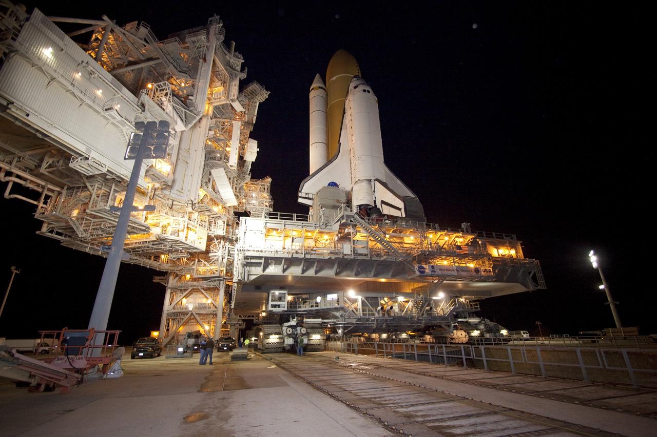 CAPE CANAVERAL, Fla. -- Space shuttle Discovery arrives at Launch Pad 39A from the Vehicle Assembly Building at NASA's Kennedy Space Center in Florida. It took the shuttle, attached to its external fuel tank, twin solid rocket boosters and mobile launcher platform, about seven hours to complete the move atop a crawler-transporter. This is the second time Discovery has rolled out to the pad for the STS-133 mission, and comes after a thorough check and modifications to the shuttle's external tank. Targeted to liftoff Feb. 24, Discovery will take the Permanent Multipurpose Module (PMM) packed with supplies and critical spare parts, as well as Robonaut 2 (R2) to the International Space Station. For more information on STS-133, visit www.nasa.gov/mission_pages/shuttle/shuttlemissions/sts133/. Photo credit: NASA/Jack Pfaller