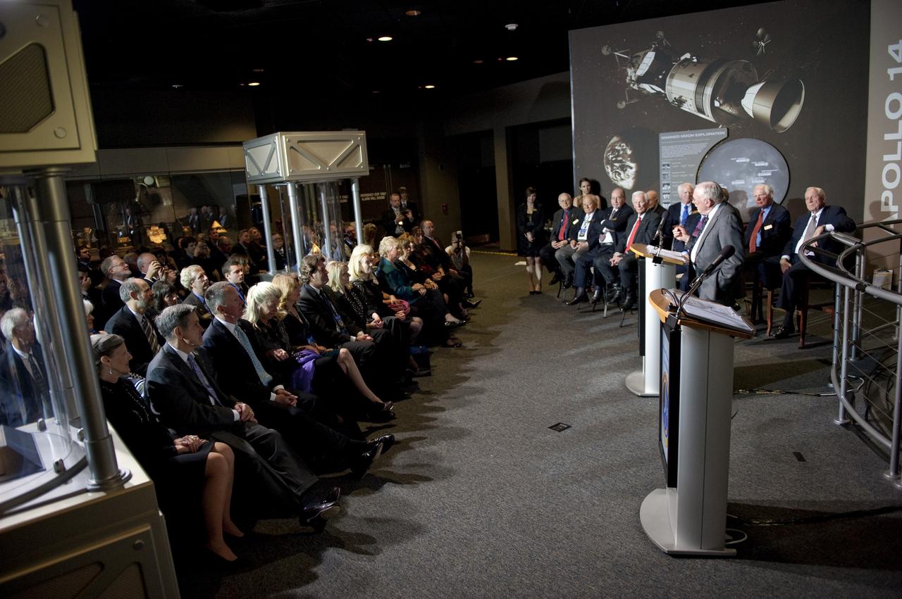 CAPE CANAVERAL, Fla. -- Apollo 11 Commander Neil Armstrong talks to attendees of the Apollo 14 Anniversary Soirée at the Kennedy Space Center Visitor Complex's Saturn V Center. The celebration was hosted by the Astronaut Scholarship Foundation. Apollo 14 landed on the lunar surface 40 years ago on Feb. 5, 1971. In 1969, Armstrong gained the distinction of being the first human to step foot on the surface of the moon. Photo credit: NASA/Kim Shiflett