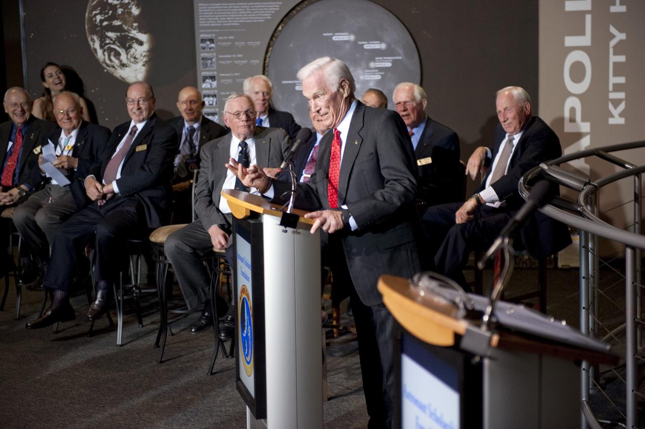 CAPE CANAVERAL, Fla. -- Lunar module pilot of Apollo 10 and commander of Apollo 17 Gene Cernan talks to attendees of the Apollo 14 Anniversary Soirée at the Kennedy Space Center Visitor Complex's Saturn V Center. The celebration was hosted by the Astronaut Scholarship Foundation. Apollo 14 landed on the lunar surface 40 years ago on Feb. 5, 1971. Cernan was the backup commander for the Apollo 14 mission.  Photo credit: NASA/Kim Shiflett