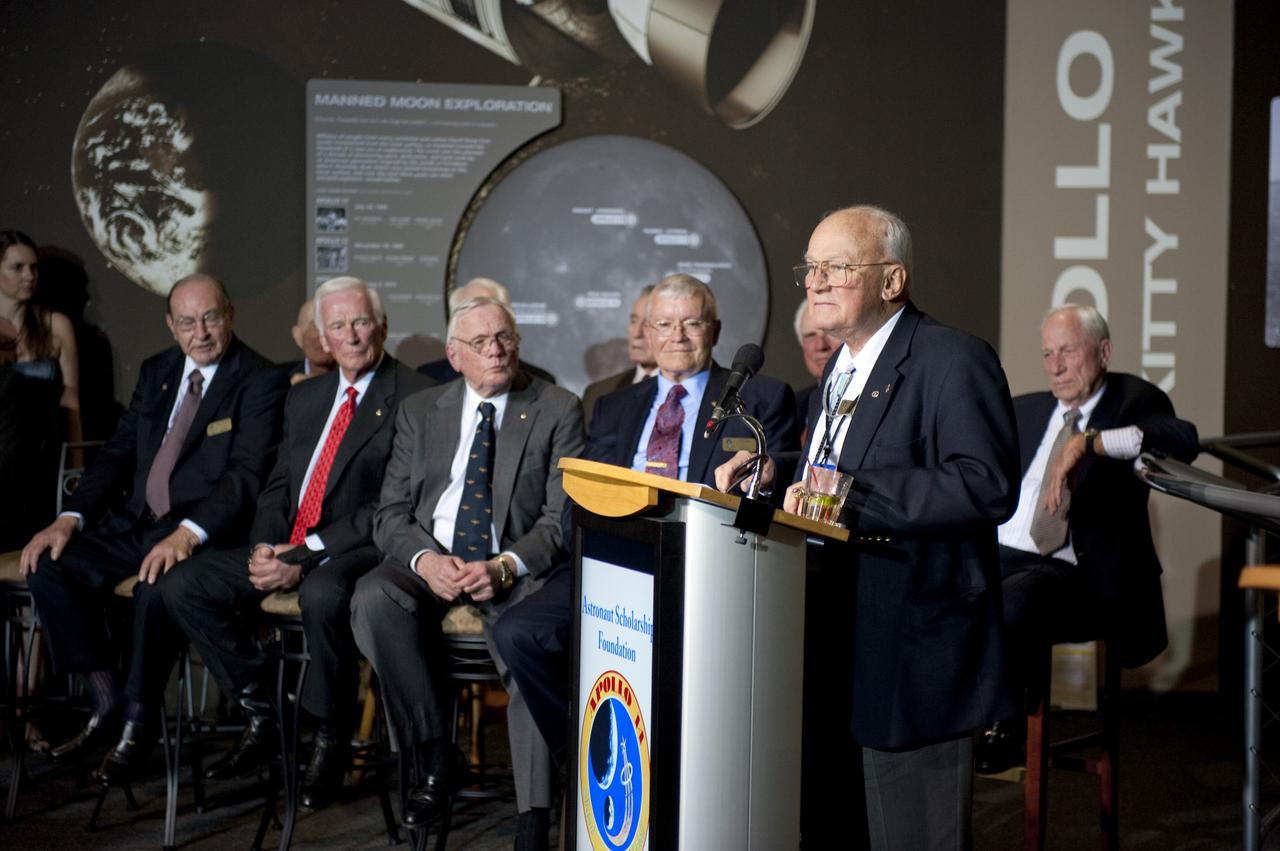 CAPE CANAVERAL, Fla. -- Apollo 14 Capcom Bruce McCandless talks to attendees of the Apollo 14 Anniversary Soirée at the Kennedy Space Center Visitor Complex's Saturn V Center. The celebration was hosted by the Astronaut Scholarship Foundation. Apollo 14 landed on the lunar surface 40 years ago on Feb. 5, 1971. Photo credit: NASA/Kim Shiflett