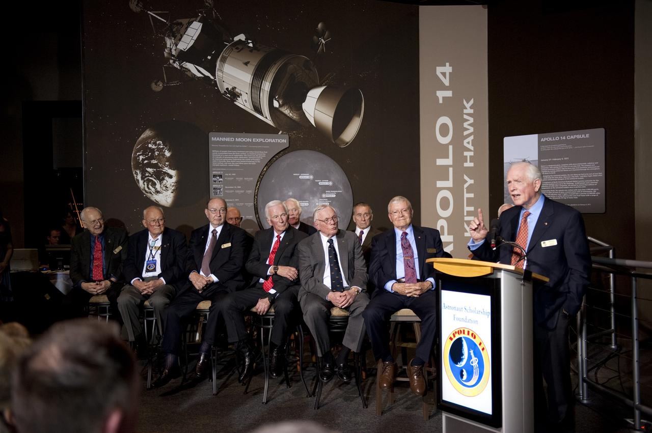 CAPE CANAVERAL, Fla. -- Command module pilot of Apollo 9 and commander of Apollo 15 David Scott talks to attendees of the Apollo 14 Anniversary Soirée at the Kennedy Space Center Visitor Complex's Saturn V Center. The celebration was hosted by the Astronaut Scholarship Foundation. Apollo 14 landed on the lunar surface 40 years ago on Feb. 5, 1971. Photo credit: NASA/Kim Shiflett