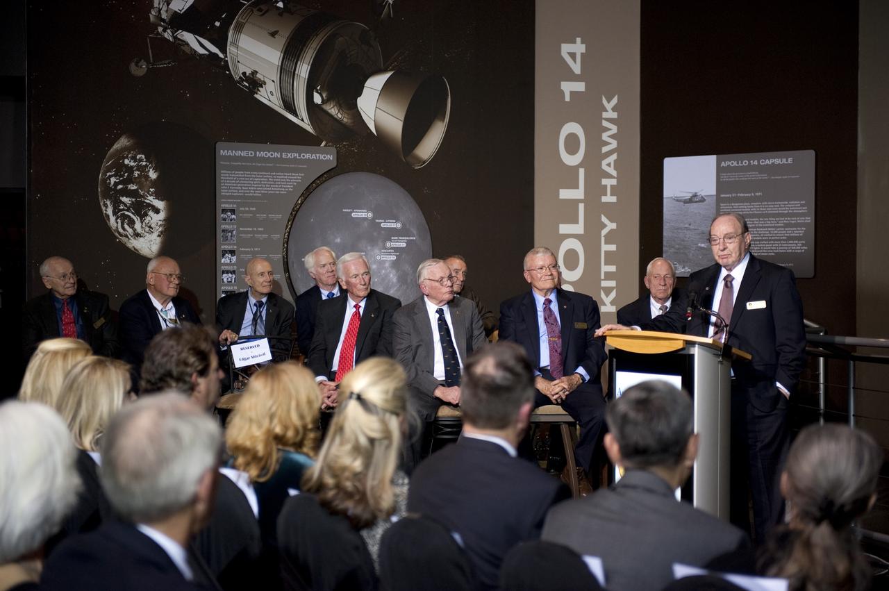 CAPE CANAVERAL, Fla. -- Apollo 14 Lunar Module Pilot Edgar Mitchell talks to attendees of the Apollo 14 Anniversary Soirée at the Kennedy Space Center Visitor Complex's Saturn V Center. The celebration was hosted by the Astronaut Scholarship Foundation. Apollo 14 landed on the lunar surface 40 years ago on Feb. 5, 1971. Photo credit: NASA/Kim Shiflett