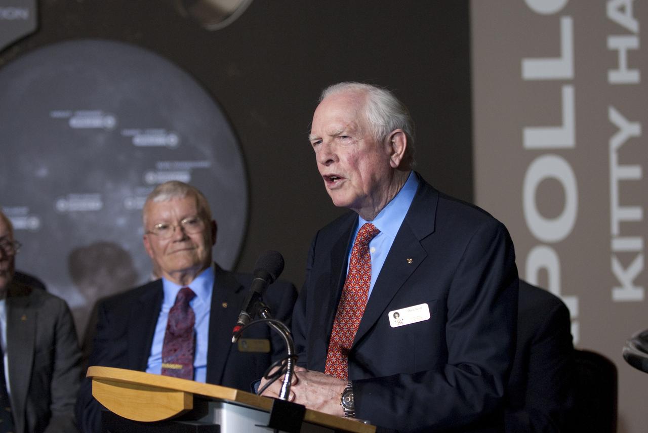 CAPE CANAVERAL, Fla. -- Command module pilot of Apollo 9 and commander of Apollo 15 David Scott talks to attendees of the Apollo 14 Anniversary Soirée at the Kennedy Space Center Visitor Complex's Saturn V Center. The celebration was hosted by the Astronaut Scholarship Foundation. Apollo 14 landed on the lunar surface 40 years ago on Feb. 5, 1971. Photo credit: NASA/Kim Shiflett