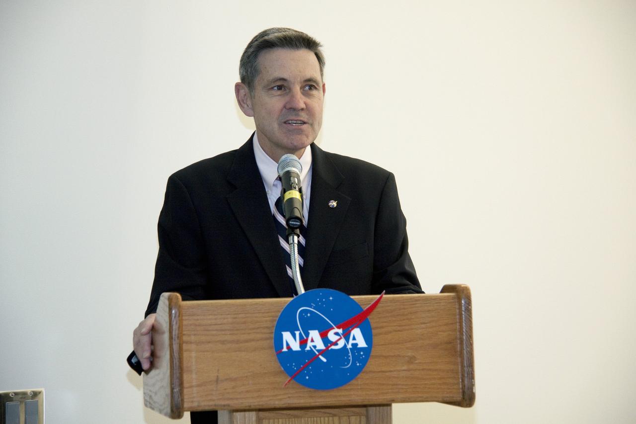 CAPE CANAVERAL, Fla. -- NASA's Kennedy Space Center in Florida hosts a ribbon-cutting ceremony at a new 18,500-square-foot Electrical Maintenance Facility (EMF) officially opening for business. Addressing the attendees is Kennedy Center Director Bob Cabana. Located in Kennedy's Launch Complex 39 area, the EMF will provide new and renovated space for maintenance shops, offices, and equipment and material storage in support of the electrical maintenance functions for the center. The facility is projected to receive Gold certification under the U.S. Green Building Council’s Leadership in Energy and Environmental Design (LEED) rating system. Photo credit: NASA/ Troy Cryder