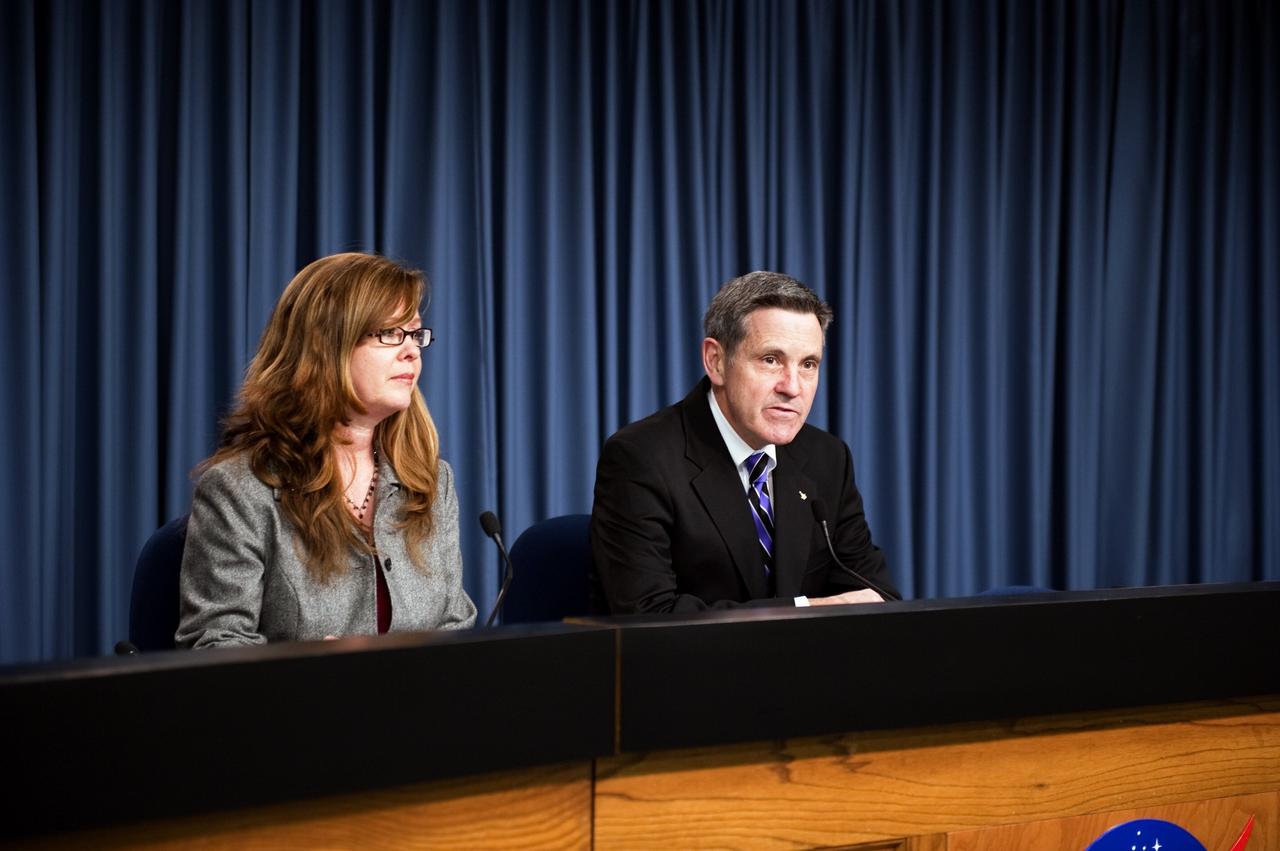 CAPE CANAVERAL, Fla. -- At NASA's Kennedy Space Center in Florida, Center Director Bob Cabana and Public Affairs Director Lisa Malone speak to the local media about the FY 2012 budget during an informal briefing held in the TV studio at the Press Site. Photo credit: NASA/Kim Shiflett