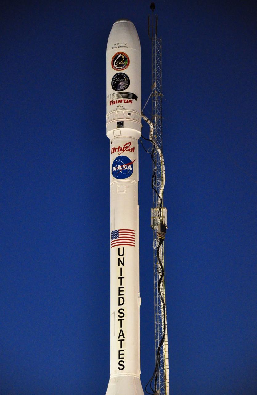 VANDENBERG AIR FORCE BASE, Calif. -- As the sun goes down over Vandenberg Air Force Base in California, the Orbital Sciences Taurus XL rocket and NASA's encapsulated Glory spacecraft await an early morning launch on the pad at Space Launch Complex 576-E. Liftoff originally was scheduled for 5:09 a.m. EST Feb. 23, but was scrubbed for at least 24 hours due to a technical issue that engineers are evaluating.           Once Glory reaches orbit, it will collect data on the properties of aerosols and black carbon. It also will help scientists understand how the sun's irradiance affects Earth's climate. For information, visit www.nasa.gov/glory. Photo credit: NASA/Randy Beaudoin, VAFB