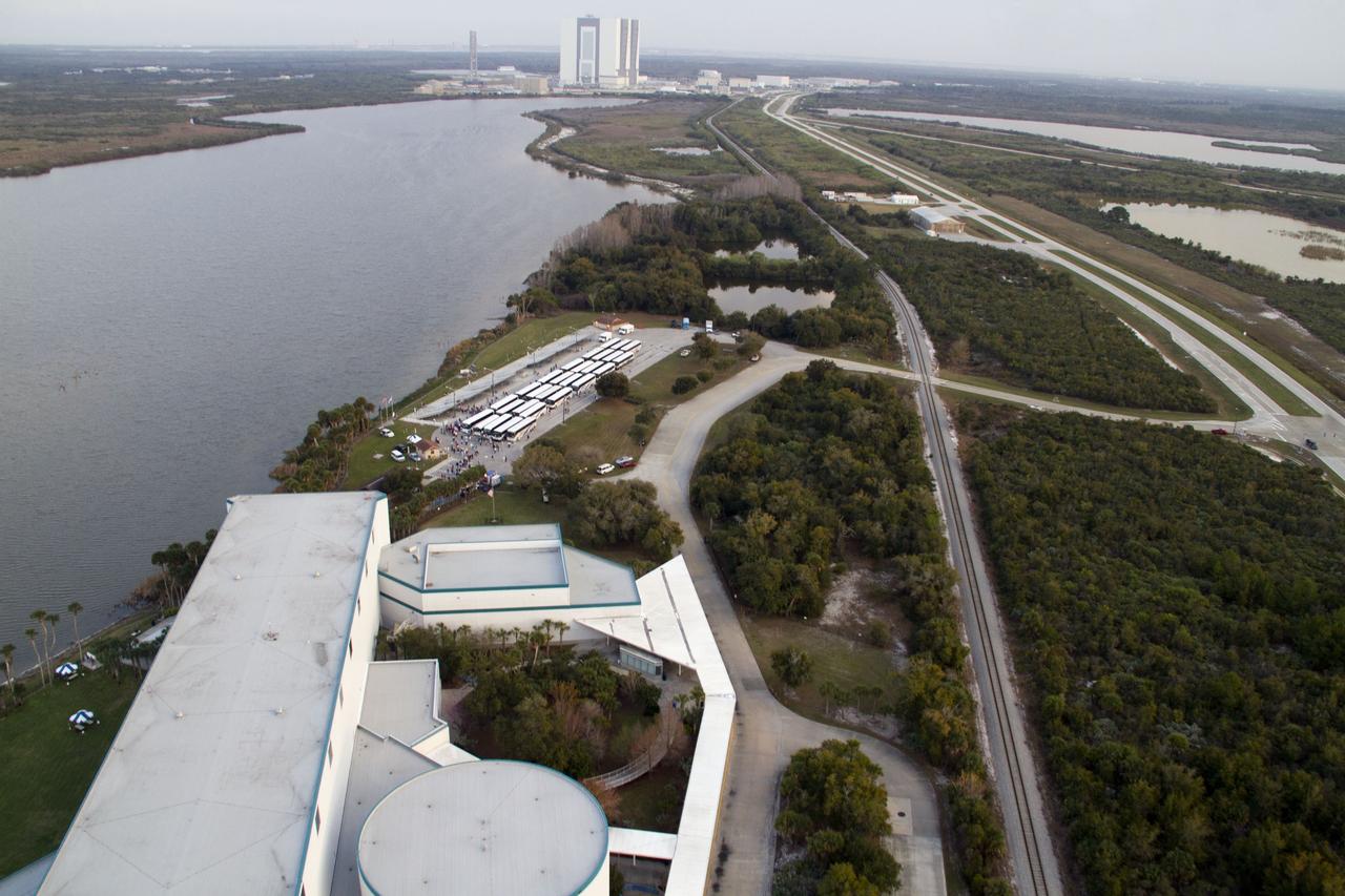 CAPE CANAVERAL, Fla. -- This image of the Apollo/Saturn V Center building  and surrounding roadways at NASA's Kennedy Space Center in Florida, was taken from a traffic survey helicopter after the successful launch of space shuttle Discovery at 4:53 p.m. EST on its final flight to the International Space Station.          Discovery's six-member crew will deliver the Permanent Multipurpose Module, packed with supplies and critical spare parts, as well as Robonaut 2, the dexterous humanoid astronaut helper, to the orbiting outpost. Discovery is flying on its 39th and final mission and is scheduled to be retired following STS-133. This is the 133rd Space Shuttle Program mission and the 35th shuttle voyage to the space station. For more information on the STS-133 mission, visit www.nasa.gov/mission_pages/shuttle/shuttlemissions/sts133/. Photo credit: NASA/Jack Pfaller