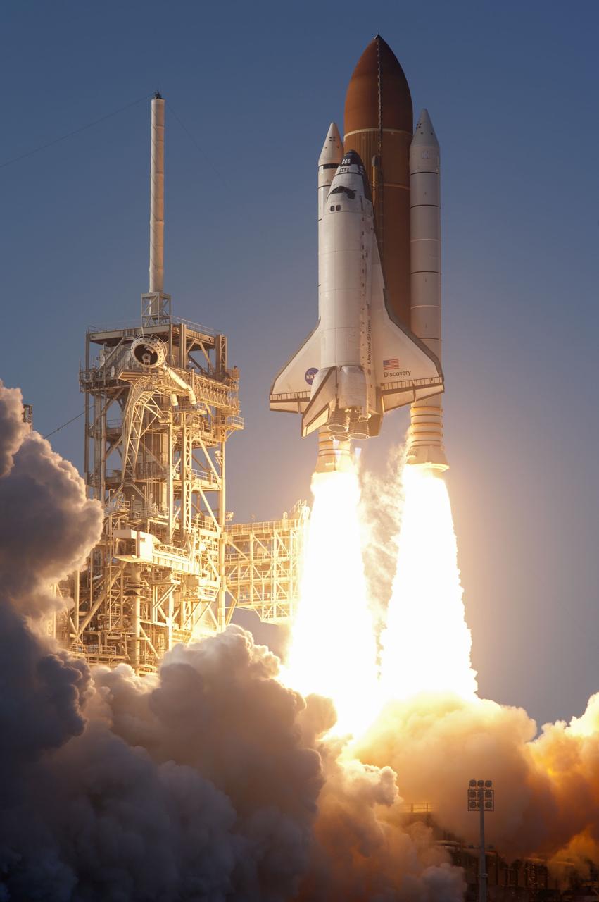 CAPE CANAVERAL, Fla. -- Space shuttle Discovery soars into space from Launch Pad 39A at NASA's Kennedy Space Center in Florida to begin its final flight to the International Space Station on the STS-133 mission. Launch was at 4:53 p.m. EST.  Discovery and its six-member crew will deliver the Permanent Multipurpose Module, packed with supplies and critical spare parts, as well as Robonaut 2, the dexterous humanoid astronaut helper, to the orbiting outpost. Discovery is flying on its 39th mission and is scheduled to be retired following STS-133. This is the 133rd Space Shuttle Program mission and the 35th shuttle voyage to the space station. For more information on the STS-133 mission, visit www.nasa.gov/mission_pages/shuttle/shuttlemissions/sts133/. Photo credit: NASA/Sandra Joseph and Kevin O'Connell