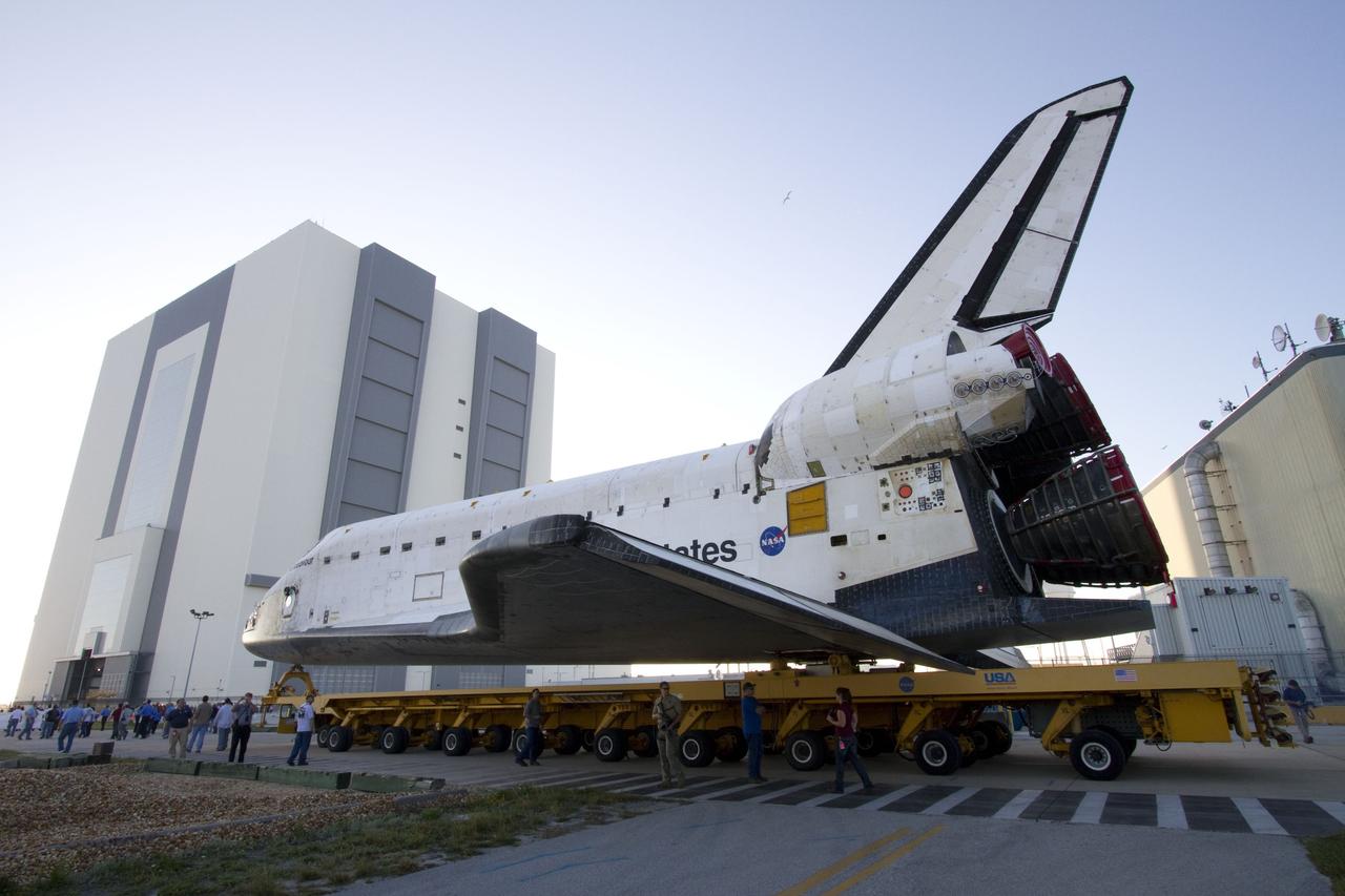 CAPE CANAVERAL, Fla. -- At NASA's Kennedy Space Center in Florida, space shuttle Endeavour approaches the Vehicle Assembly Building, or VAB, on its move from Orbiter Processing Facility-2 where it was processed for its final and upcoming STS-134 mission. In the VAB, Endeavour will be lifted into a high bay where it will be joined to its external fuel tank and solid rocket boosters.    Endeavour and its STS-134 crew will deliver the Express Logistics Carrier-3, Alpha Magnetic Spectrometer, spare parts, a high-pressure gas tank, additional spare parts for Dextre and micrometeoroid debris shields to the International Space Station. Launch is targeted for April 19 at 7:48 p.m. EDT. For more information visit, http://www.nasa.gov/mission_pages/shuttle/shuttlemissions/sts134/index.html. Photo credit: NASA/Jack Pfaller