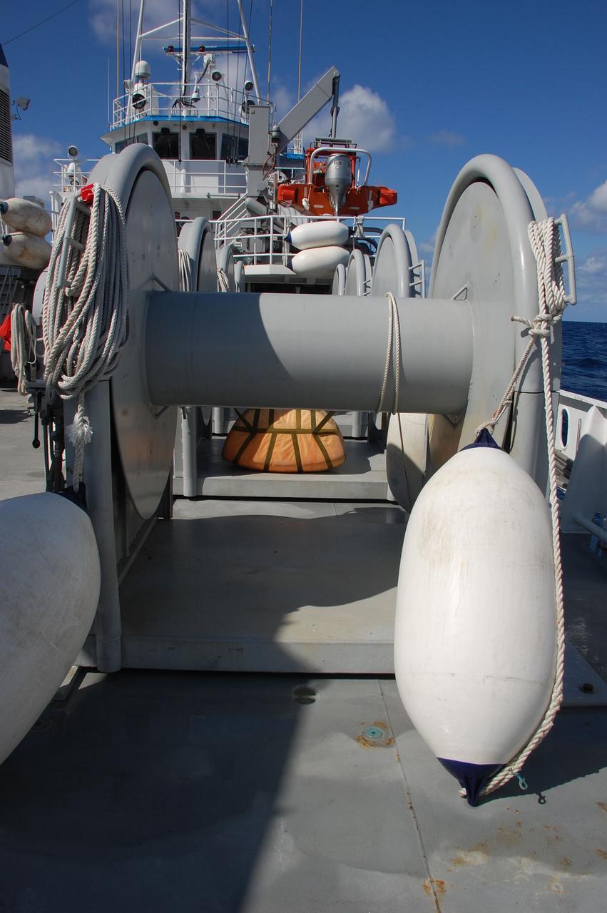 CAPE CANAVERAL, Fla. -- Rubber bumpers are stowed on the deck of Freedom Star, one of NASA's solid rocket booster retrieval ships. The ship has set sail to be in position in the Atlantic Ocean to recover the spent boosters after space shuttle Discovery's STS-133 launch.    The shuttle’s two solid rocket booster casings and associated flight hardware are recovered in the Atlantic Ocean after every launch by Liberty Star and Freedom Star. The boosters impact the Atlantic about seven minutes after liftoff and the retrieval ships are stationed about 10 miles from the impact area at the time of splashdown. After the spent segments are processed, they will be transported to Utah, where they will be refurbished and stored, if needed. Photo credit: NASA/Ben Smegelsky