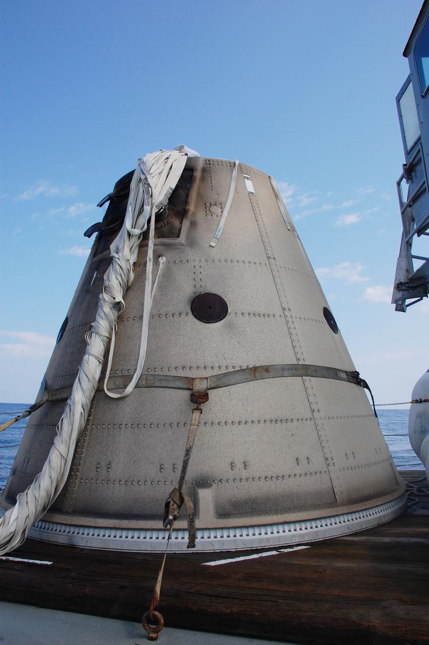 CAPE CANAVERAL, Fla. -- The left spent booster nose cap from space shuttle Discovery's final launch is secured to a pallet on Freedom Star, one of NASA's solid rocket booster retrieval ships and will be returned to Port Canaveral in Florida.      The shuttle’s two solid rocket booster casings and associated flight hardware are recovered in the Atlantic Ocean after every launch by Liberty Star and Freedom Star. The boosters impact the Atlantic about seven minutes after liftoff and the retrieval ships are stationed about 10 miles from the impact area at the time of splashdown. After the spent segments are processed, they will be transported to Utah, where they will be refurbished and stored, if needed. Photo credit: NASA/Ben Smegelsky