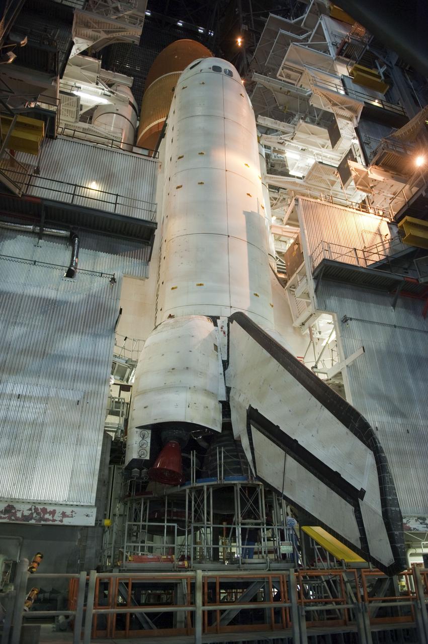 CAPE CANAVERAL, Fla. -- Space shuttle Endeavour is firmly attached to its external fuel tank and solid rocket boosters in a high bay of the Vehicle Assembly Building at NASA's Kennedy Space Center in Florida. Endeavour is targeted to roll out to Kennedy's Launch Pad 39A for its final mission, STS-134, on March 9. Endeavour and the six-member crew will deliver the Express Logistics Carrier-3, Alpha Magnetic Spectrometer-2 (AMS), a high-pressure gas tank, additional spare parts for the Dextre robotic helper and micrometeoroid debris shields to the International Space Station. Endeavour's final launch is targeted for April 19 at 7:48 p.m. EDT. For more information visit, http://www.nasa.gov/mission_pages/shuttle/shuttlemissions/sts134/index.html. Photo credit: NASA/Kim Shiflett