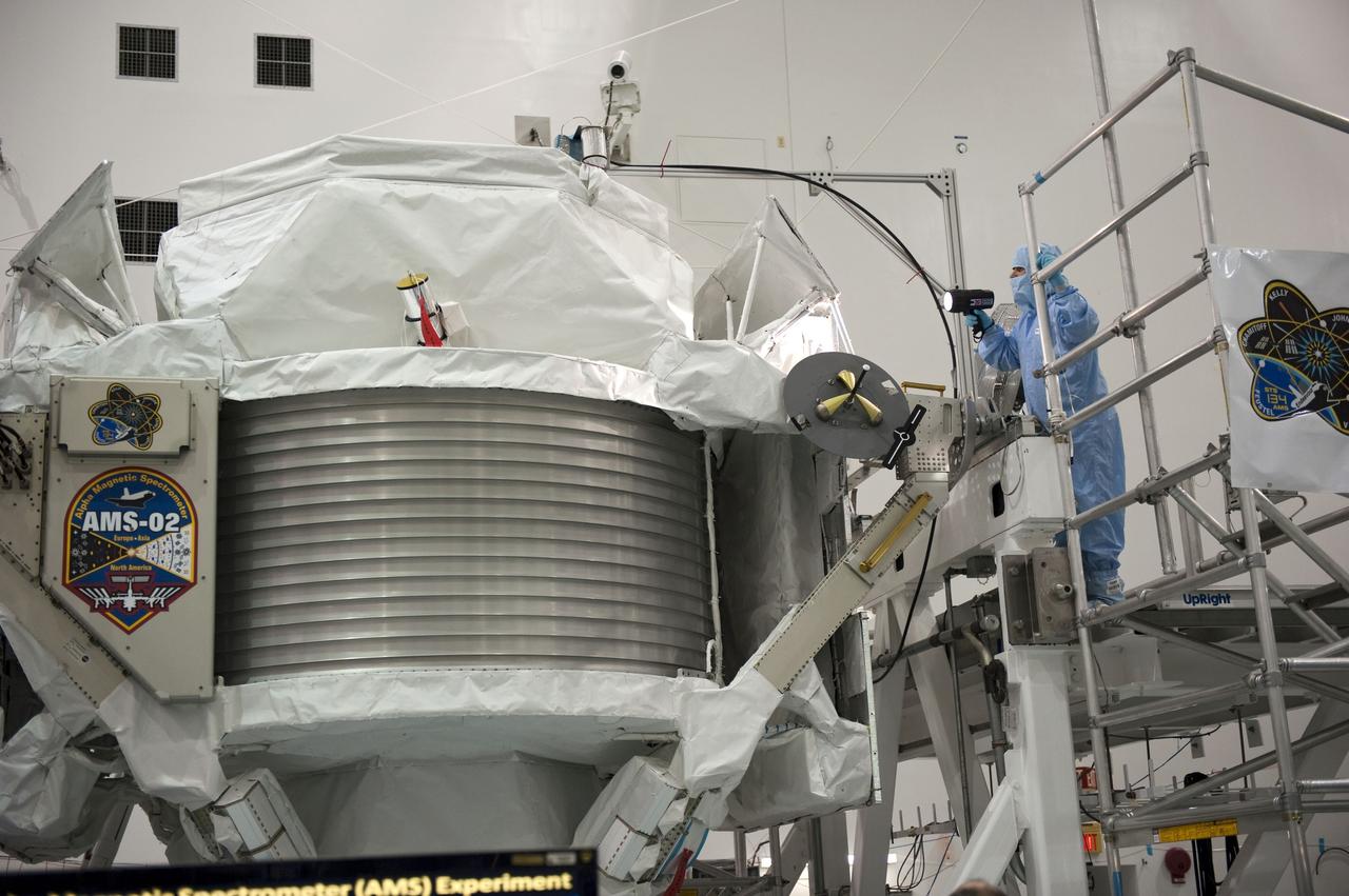 CAPE CANAVERAL, Fla. -- In the Space Station Processing Facility at NASA's Kennedy Space Center in Florida, processing continues for the Alpha Magnetic Spectrometer-2 (AMS). AMS is a particle physics detector, designed to operate as an external experiment on the International Space Station. It will use the unique environment of space to study the universe and its origin by searching for dark matter.            AMS-2 will fly to the station aboard space shuttle Endeavour's STS-134 mission targeted to launch April 19 at 7:48 p.m. EDT. For more information visit, www.nasa.gov/mission_pages/shuttle/shuttlemissions/sts134/index.html. Photo credit: NASA/Glenn Benson