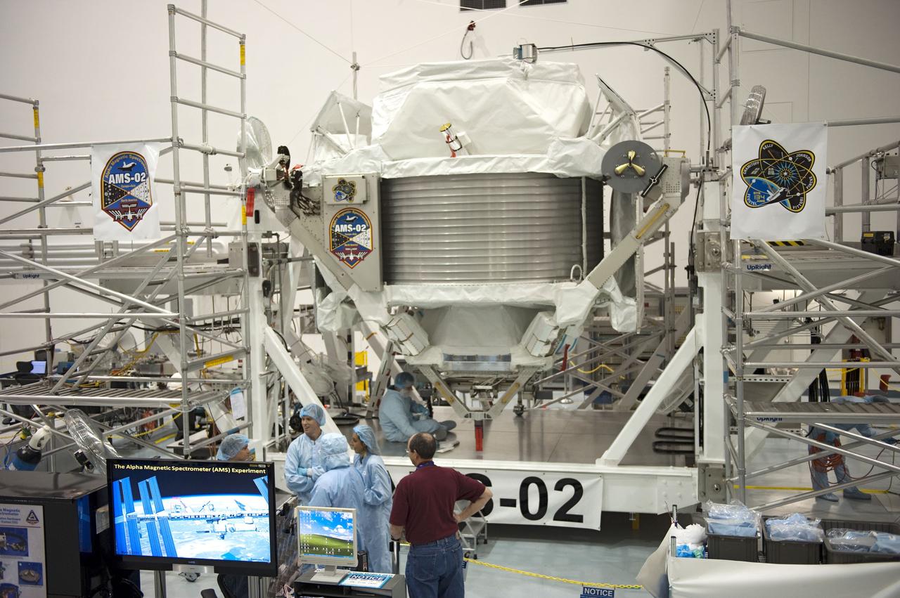 CAPE CANAVERAL, Fla. -- In the Space Station Processing Facility at NASA's Kennedy Space Center in Florida, processing continues for the Alpha Magnetic Spectrometer-2 (AMS). AMS is a particle physics detector, designed to operate as an external experiment on the International Space Station. It will use the unique environment of space to study the universe and its origin by searching for dark matter.            AMS-2 will fly to the station aboard space shuttle Endeavour's STS-134 mission targeted to launch April 19 at 7:48 p.m. EDT. For more information visit, www.nasa.gov/mission_pages/shuttle/shuttlemissions/sts134/index.html. Photo credit: NASA/Glenn Benson
