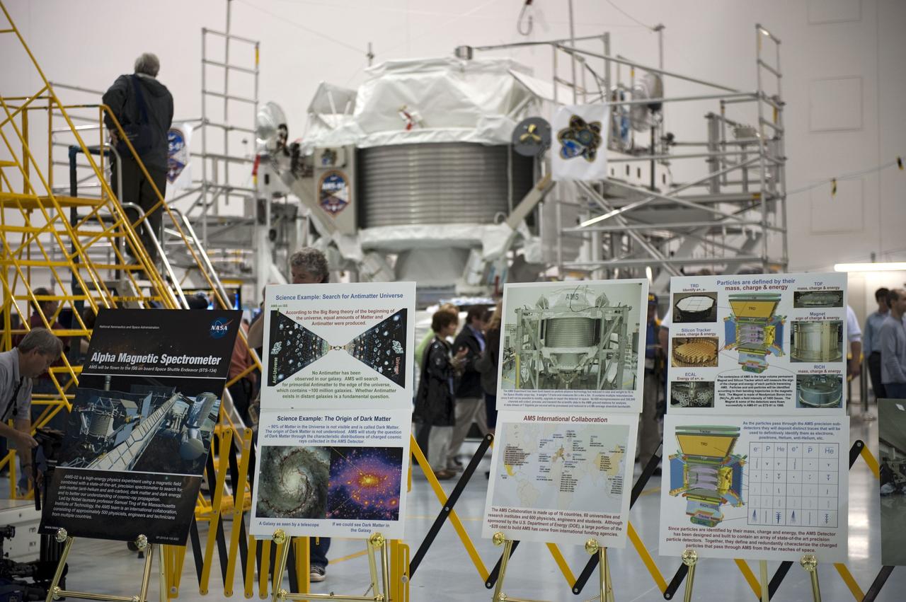 CAPE CANAVERAL, Fla. -- In the Space Station Processing Facility at NASA's Kennedy Space Center in Florida, media check out and learn more about the Alpha Magnetic Spectrometer-2 (AMS). AMS is a particle physics detector, designed to operate as an external experiment on the International Space Station. It will use the unique environment of space to study the universe and its origin by searching for dark matter.      AMS-2 will fly to the station aboard space shuttle Endeavour's STS-134 mission targeted to launch April 19 at 7:48 p.m. EDT. For more information visit, www.nasa.gov/mission_pages/shuttle/shuttlemissions/sts134/index.html. Photo credit: NASA/Glenn Benson