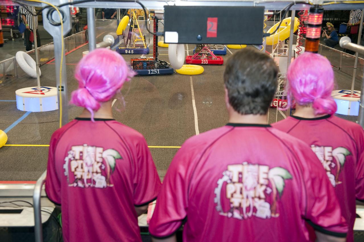 ORLANDO, Fla. – The Pink Team participates in the regional FIRST robotics competition at the University of Central Florida in Orlando. The team is made up of students from Rockledge, Cocoa Beach and Viera high schools along the Space Coast of Florida. NASA’s Kennedy Space Center is a sponsor of the team. The Pink Team finished sixth in the competition called "For Inspiration and Recognition of Science and Technology," or FIRST, among about 60 high school teams hoping to advance to the national robotics championship. The team also took home the Industrial Design Award sponsored by General Motors. FIRST, founded in 1989, is a non-profit organization that designs accessible, innovative programs to build self-confidence, knowledge and life skills while motivating young people to pursue academic opportunities. The robotics competition challenges teams of high school students and their mentors to solve a common problem in a six-week timeframe using a standard kit of parts and a common set of rules. Photo credit: NASA/Glenn Benson