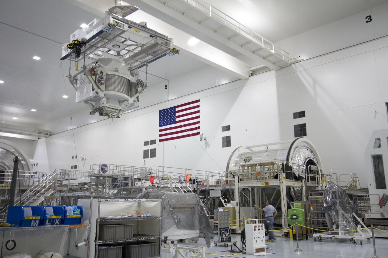 CAPE CANAVERAL, Fla. -- In the Space Station Processing Facility at NASA's Kennedy Space Center in Florida, the Alpha Magnetic Spectrometer-2 (AMS) moves from its primary work stand to the weight and center of gravity stand where final measurements will be taken before launch. Next, AMS will be moved into a payload canister. The canister will protect the space-bound payload on its journey to Launch Pad 39A, where it will later be installed into space shuttle Endeavour’s payload bay. AMS is a particle physics detector, designed to operate as an external experiment on the International Space Station. It will use the unique environment of space to study the universe and its origin by searching for dark matter. AMS-2 will fly to the station aboard Endeavour's STS-134 mission targeted to launch April 19 at 7:48 p.m. EDT. For more information visit, www.nasa.gov/mission_pages/shuttle/shuttlemissions/sts134/index.html. Photo credit: NASA/Jack Pfaller
