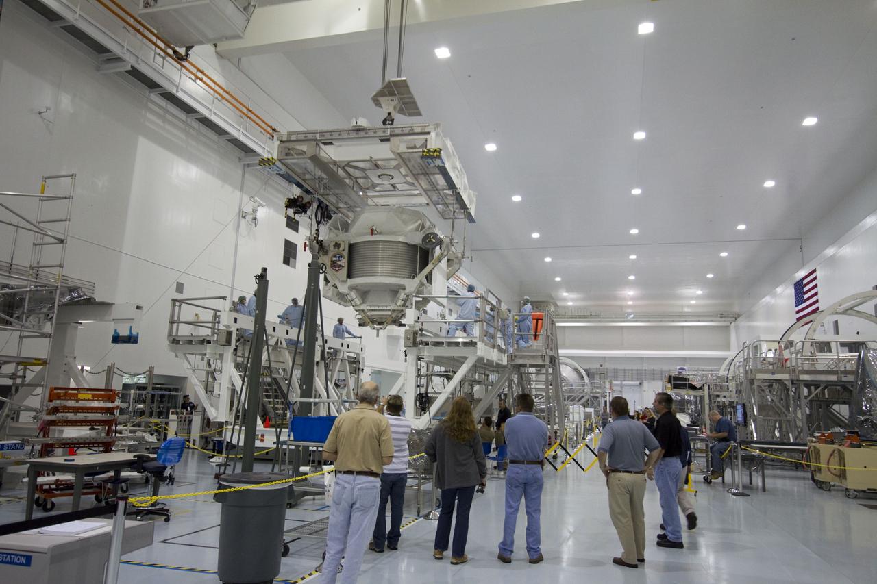 CAPE CANAVERAL, Fla. -- In the Space Station Processing Facility at NASA's Kennedy Space Center in Florida, the Alpha Magnetic Spectrometer-2 (AMS) moves from its primary work stand to the weight and center of gravity stand where final measurements will be taken before launch. Next, AMS will be moved into a payload canister. The canister will protect the space-bound payload on its journey to Launch Pad 39A, where it will later be installed into space shuttle Endeavour’s payload bay. AMS is a particle physics detector, designed to operate as an external experiment on the International Space Station. It will use the unique environment of space to study the universe and its origin by searching for dark matter. AMS-2 will fly to the station aboard Endeavour's STS-134 mission targeted to launch April 19 at 7:48 p.m. EDT. For more information visit, www.nasa.gov/mission_pages/shuttle/shuttlemissions/sts134/index.html. Photo credit: NASA/Jack Pfaller