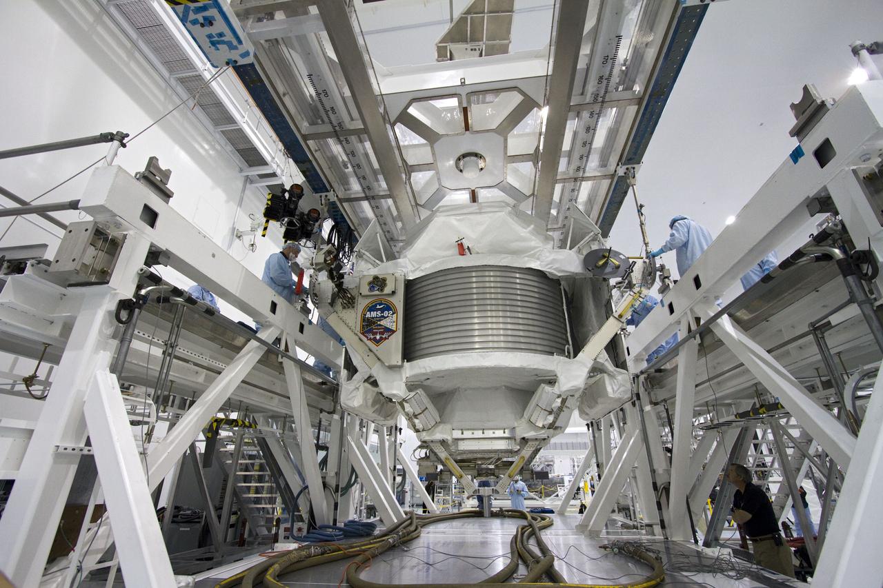 CAPE CANAVERAL, Fla. -- In the Space Station Processing Facility at NASA's Kennedy Space Center in Florida, the Alpha Magnetic Spectrometer-2 (AMS) was moved from its primary work stand to the weight and center of gravity stand where final measurements will be taken before launch. Next, AMS will be moved into a payload canister. The canister will protect the space-bound payload on its journey to Launch Pad 39A, where it will later be installed into space shuttle Endeavour’s payload bay. AMS is a particle physics detector, designed to operate as an external experiment on the International Space Station. It will use the unique environment of space to study the universe and its origin by searching for dark matter. AMS-2 will fly to the station aboard Endeavour's STS-134 mission targeted to launch April 19 at 7:48 p.m. EDT. For more information visit, www.nasa.gov/mission_pages/shuttle/shuttlemissions/sts134/index.html. Photo credit: NASA/Jack Pfaller