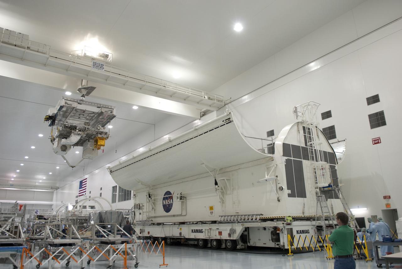 CAPE CANAVERAL, Fla. -- In the Space Station Processing Facility at NASA's Kennedy Space Center in Florida, Express Logistics Carrier-3 is moved from its primary work stand to a payload canister. The canister will protect the space-bound payload on its journey to Launch Pad 39A, where it will later be installed into space shuttle Endeavour’s payload bay. ELC-3 is packed with a variety of spare parts for the International Space Station, including two S-band communications antennas, a high-pressure gas tank, additional spare parts for Dextre and micrometeoroid debris shields. ELC-3 will fly to the station aboard Endeavour's STS-134 mission targeted to launch April 19 at 7:48 p.m. EDT. For more information visit, www.nasa.gov/mission_pages/shuttle/shuttlemissions/sts134/index.html. Photo credit: NASA/Jim Grossmann