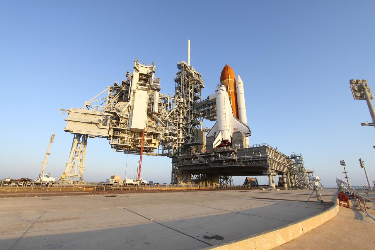 CAPE CANAVERAL, Fla. -- Crews move the primary payload for space shuttle Endeavour's STS-134 mission into the Payload Changeout Room on Launch Pad 39A at NASA's Kennedy Space Center in Florida. The rotating service structure (RSS) that protects the shuttle from the elements and provides access to its components is open to allow crews to make the vertical move. The Alpha Magnetic Spectrometer-2 (AMS) and Express Logistics Carrier-3 are scheduled to be installed into the shuttle's cargo bay March 25. Endeavour and its six-member STS-134 crew are targeted to lift off April 19 at 7:48 p.m. EDT to deliver the payload to the International Space Station. This is Endeavour's final scheduled mission. For more information visit, www.nasa.gov/mission_pages/shuttle/shuttlemissions/sts134/index.html. Photo credit: NASA