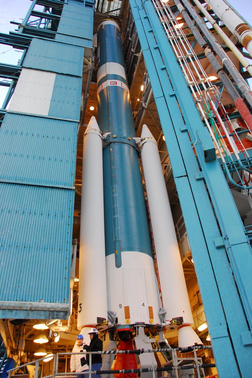 VANDENBERG AIR FORCE BASE, Calif. -- United Space Alliance technicians prepare to move the Space Launch Complex-2 (SLC-2) service tower at Vandenberg Air Force Base in California. The move will allow technicians to hoist into position the second stage of the Delta II rocket that will carry NASA's Aquarius satellite into low Earth orbit.         Scheduled to launch in June, Aquarius' mission will be to provide monthly maps of global changes in sea surface salinity. By measuring ocean salinity from space, Aquarius will provide new insights into how the massive natural exchange of freshwater between the ocean, atmosphere and sea ice influences ocean circulation, weather and climate. Also going up with the satellite are optical and thermal cameras, a microwave radiometer and the SAC-D spacecraft, which were developed with the help of institutions in Italy, France, Canada and Argentina. Photo credit: VAFB/30th Space Wing