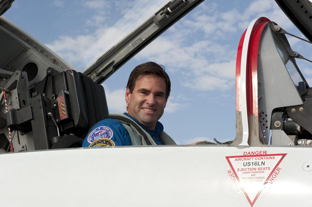 CAPE CANAVERAL, Fla. -- STS-134 Mission Specialist Greg Chamitoff arrives on the Shuttle Landing Facility at NASA's Kennedy Space Center in Florida aboard a T-38 jet. While at Kennedy, space shuttle Endeavour's crew will participate in a launch countdown dress rehearsal called the Terminal Countdown Demonstration Test (TCDT) and related training in preparation for the upcoming STS-134 mission. Endeavour and its six STS-134 crew members will deliver the Express Logistics Carrier-3, Alpha Magnetic Spectrometer-2 (AMS), a high-pressure gas tank, additional spare parts for the Dextre robotic helper and micrometeoroid debris shields to the International Space Station. This will be the final spaceflight for Endeavour. Launch is targeted for April 19 at 7:48 p.m. EDT. For more information visit, www.nasa.gov/mission_pages/shuttle/shuttlemissions/sts134/index.html. Photo credit: NASA/Kim Shiflett