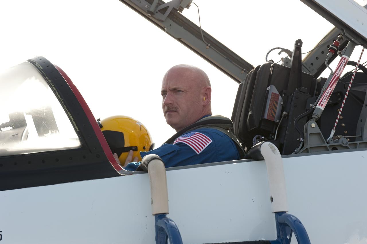 CAPE CANAVERAL, Fla. -- STS-134 Commander Mark Kelly arrives on the Shuttle Landing Facility at NASA's Kennedy Space Center in Florida aboard a T-38 jet. While at Kennedy, space shuttle Endeavour's crew will participate in a launch countdown dress rehearsal called the Terminal Countdown Demonstration Test (TCDT) and related training in preparation for the upcoming STS-134 mission.        Endeavour and its six STS-134 crew members will deliver the Express Logistics Carrier-3, Alpha Magnetic Spectrometer-2 (AMS), a high-pressure gas tank, additional spare parts for the Dextre robotic helper and micrometeoroid debris shields to the International Space Station. This will be the final spaceflight for Endeavour. Launch is targeted for April 19 at 7:48 p.m. EDT. For more information visit, www.nasa.gov/mission_pages/shuttle/shuttlemissions/sts134/index.html. Photo credit: NASA/Kim Shiflett