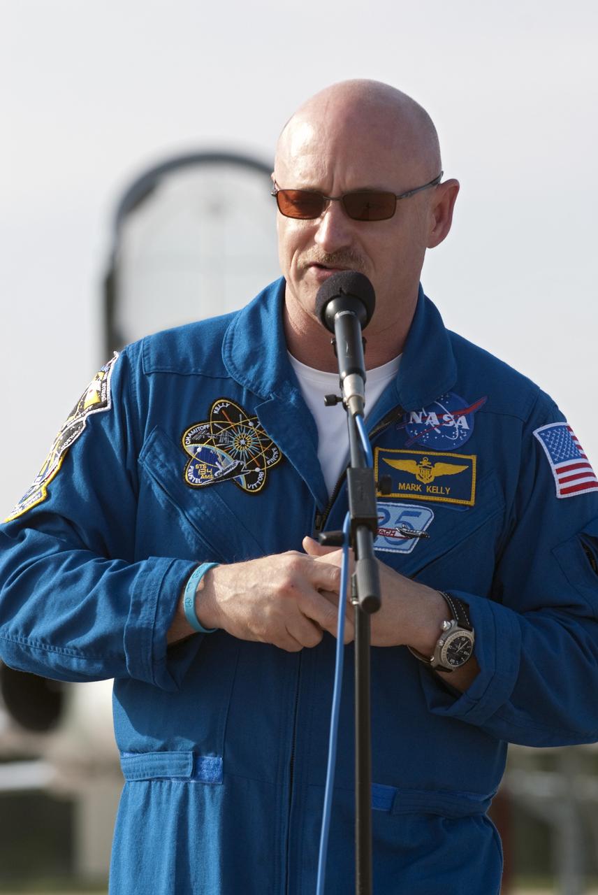 CAPE CANAVERAL, Fla. -- STS-134 Commander Mark Kelly addresses the media on the Shuttle Landing Facility at NASA's Kennedy Space Center in Florida. While at Kennedy, space shuttle Endeavour's crew will participate in a launch countdown dress rehearsal called the Terminal Countdown Demonstration Test (TCDT) and related training in preparation for the upcoming STS-134 mission. Endeavour and its six STS-134 crew members will deliver the Express Logistics Carrier-3, Alpha Magnetic Spectrometer-2 (AMS), a high-pressure gas tank, additional spare parts for the Dextre robotic helper and micrometeoroid debris shields to the International Space Station. This will be the final spaceflight for Endeavour. Launch is targeted for April 19 at 7:48 p.m. EDT. For more information visit, www.nasa.gov/mission_pages/shuttle/shuttlemissions/sts134/index.html. Photo credit: NASA/Kim Shiflett