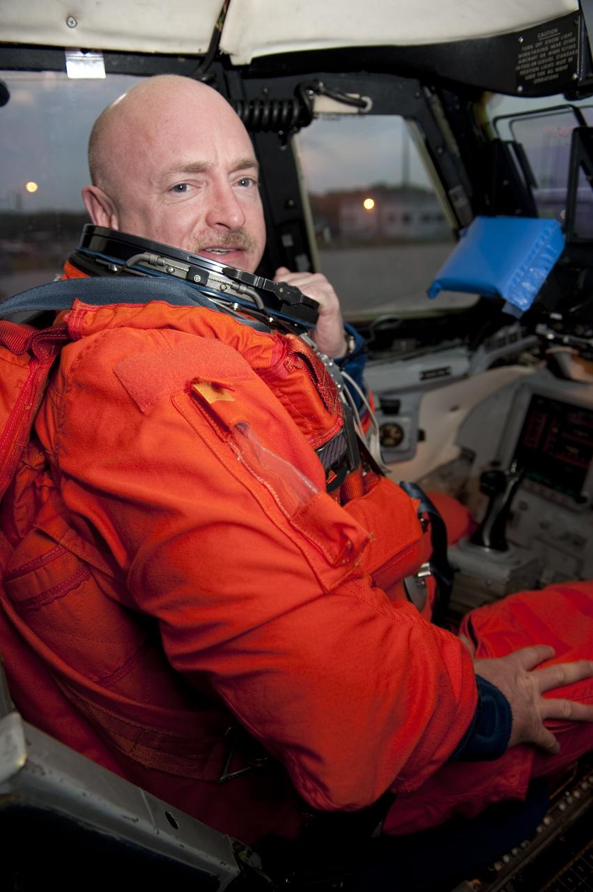 CAPE CANAVERAL, Fla. -- STS-134 Commander Mark Kelly gets behind the controls of a Shuttle Training Aircraft (STA) to perform touch-and-go landings on the Shuttle Landing Facility at NASA's Kennedy Space Center in Florida. STAs are Gulfstream II business jets that are modified to mimic the shuttle's handling during the final phase of landing. Practice landings are part of standard training before space shuttle Endeavour's STS-134 launch to the International Space Station. Endeavour's six crew members are at Kennedy for the launch countdown dress rehearsal called the Terminal Countdown Demonstration Test (TCDT) and related training. Targeted to launch April 19 at 7:48 p.m. EDT, they will deliver the Express Logistics Carrier-3, Alpha Magnetic Spectrometer-2 (AMS), a high-pressure gas tank, additional spare parts for the Dextre robotic helper and micrometeoroid debris shields to the space station. This will be the final spaceflight for Endeavour. For more information visit, www.nasa.gov/mission_pages/shuttle/shuttlemissions/sts134/index.html. Photo credit: NASA/Kim Shiflett