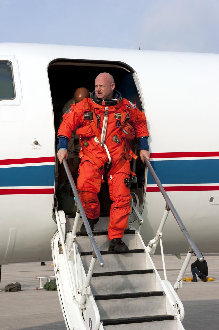 CAPE CANAVERAL, Fla. -- STS-134 Commander Mark Kelly completes touch-and-go landings aboard a Shuttle Training Aircraft (STA) on the Shuttle Landing Facility at NASA's Kennedy Space Center in Florida. STAs are Gulfstream II business jets that are modified to mimic the shuttle's handling during the final phase of landing. Practice landings are part of standard training before space shuttle Endeavour's STS-134 launch to the International Space Station. Endeavour's six crew members are at Kennedy for the launch countdown dress rehearsal called the Terminal Countdown Demonstration Test (TCDT) and related training. Targeted to launch April 19 at 7:48 p.m. EDT, they will deliver the Express Logistics Carrier-3, Alpha Magnetic Spectrometer-2 (AMS), a high-pressure gas tank, additional spare parts for the Dextre robotic helper and micrometeoroid debris shields to the space station. This will be the final spaceflight for Endeavour. For more information visit, www.nasa.gov/mission_pages/shuttle/shuttlemissions/sts134/index.html. Photo credit: NASA/Kim Shiflett