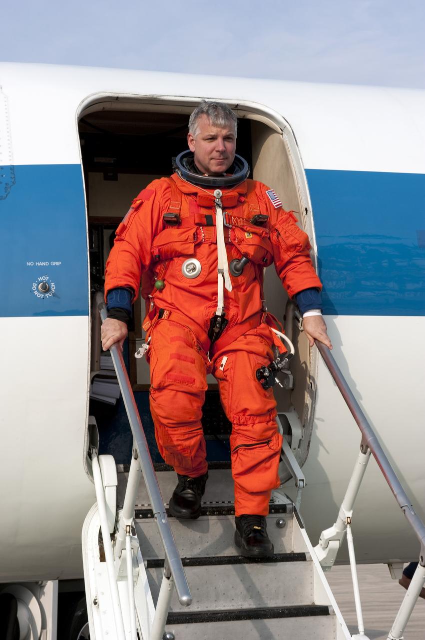CAPE CANAVERAL, Fla. -- STS-134 Pilot Greg H. Johnson completes touch-and-go landings aboard a Shuttle Training Aircraft (STA) on the Shuttle Landing Facility at NASA's Kennedy Space Center in Florida. STAs are Gulfstream II business jets that are modified to mimic the shuttle's handling during the final phase of landing. Practice landings are part of standard training before space shuttle Endeavour's STS-134 launch to the International Space Station. Endeavour's six crew members are at Kennedy for the launch countdown dress rehearsal called the Terminal Countdown Demonstration Test (TCDT) and related training. Targeted to launch April 19 at 7:48 p.m. EDT, they will deliver the Express Logistics Carrier-3, Alpha Magnetic Spectrometer-2 (AMS), a high-pressure gas tank, additional spare parts for the Dextre robotic helper and micrometeoroid debris shields to the space station. This will be the final spaceflight for Endeavour. For more information visit, www.nasa.gov/mission_pages/shuttle/shuttlemissions/sts134/index.html. Photo credit: NASA/Kim Shiflett