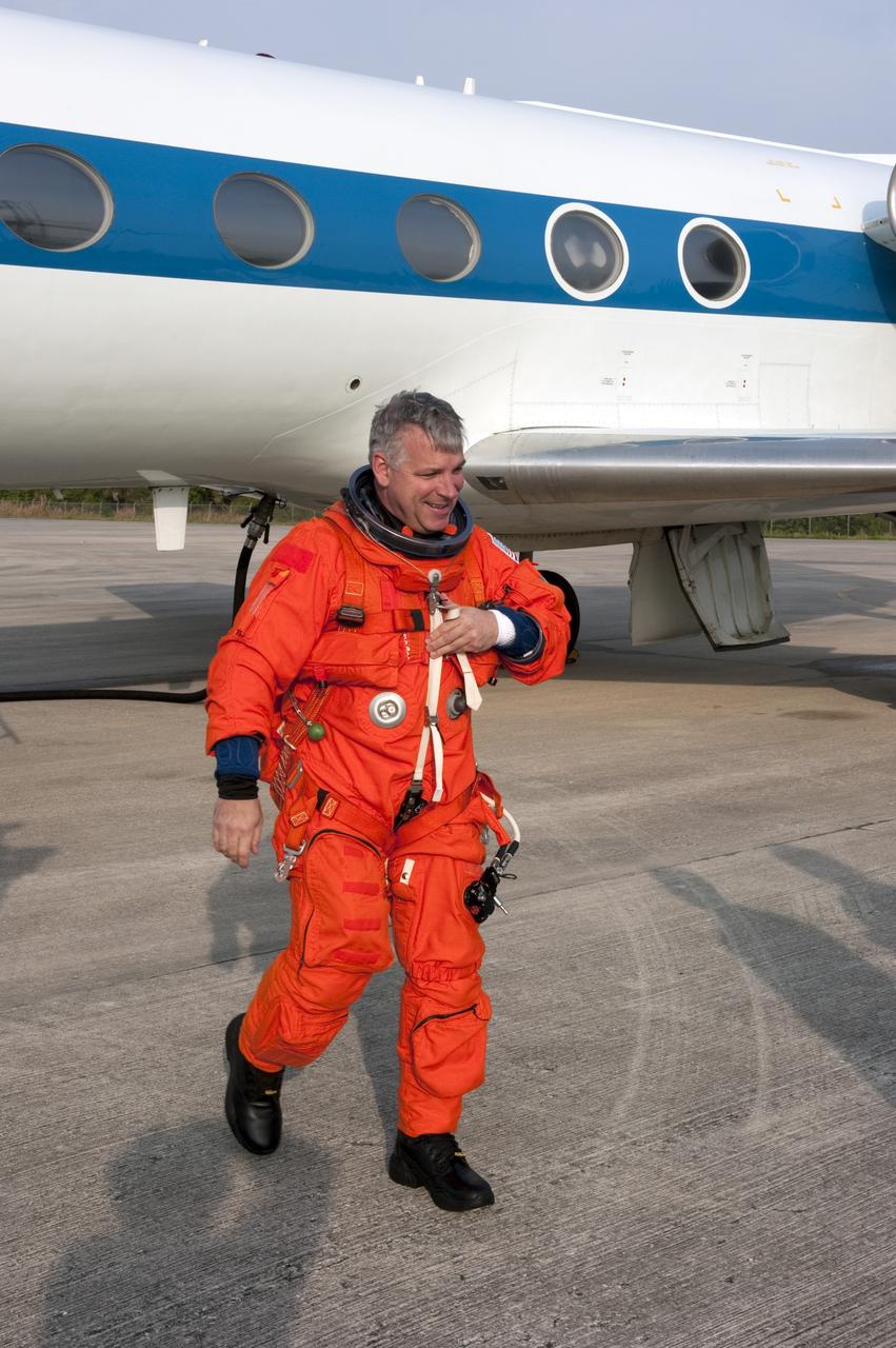 CAPE CANAVERAL, Fla. -- STS-134 Pilot Greg H. Johnson completes touch-and-go landings aboard a Shuttle Training Aircraft (STA) on the Shuttle Landing Facility at NASA's Kennedy Space Center in Florida. STAs are Gulfstream II business jets that are modified to mimic the shuttle's handling during the final phase of landing. Practice landings are part of standard training before space shuttle Endeavour's STS-134 launch to the International Space Station. Endeavour's six crew members are at Kennedy for the launch countdown dress rehearsal called the Terminal Countdown Demonstration Test (TCDT) and related training. Targeted to launch April 19 at 7:48 p.m. EDT, they will deliver the Express Logistics Carrier-3, Alpha Magnetic Spectrometer-2 (AMS), a high-pressure gas tank, additional spare parts for the Dextre robotic helper and micrometeoroid debris shields to the space station. This will be the final spaceflight for Endeavour. For more information visit, www.nasa.gov/mission_pages/shuttle/shuttlemissions/sts134/index.html. Photo credit: NASA/Kim Shiflett