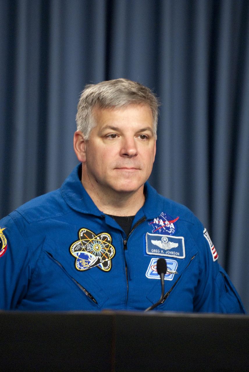 CAPE CANAVERAL, Fla. -- The STS-134 Pilot Greg H. Johnson participates in a media question-and-answer session in the Press Site TV auditorium at NASA's Kennedy Space Center in Florida. The crew was scheduled to answer questions at Launch Pad 39A, where space shuttle Endeavour is awaiting liftoff, but severe storms associated with a frontal system passing over Central Florida brought the media event indoors.    Endeavour's six crew members are at Kennedy for the launch countdown dress rehearsal called the Terminal Countdown Demonstration Test (TCDT) and related training. Targeted to launch April 19 at 7:48 p.m. EDT, they will deliver the Express Logistics Carrier-3, Alpha Magnetic Spectrometer-2 (AMS), a high-pressure gas tank, additional spare parts for the Dextre robotic helper and micrometeoroid debris shields to the International Space Station. This is the final spaceflight for Endeavour. For more information visit, www.nasa.gov/mission_pages/shuttle/shuttlemissions/sts134/index.html. Photo credit: NASA/Kim Shiflett