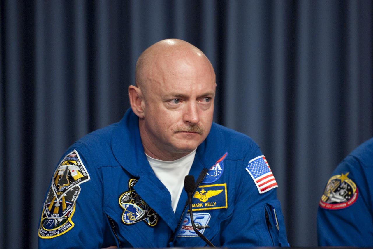 CAPE CANAVERAL, Fla. -- The STS-134 Commander Mark Kelly participates in a media question-and-answer session in the Press Site TV auditorium at NASA's Kennedy Space Center in Florida. The crew was scheduled to answer questions at Launch Pad 39A, where space shuttle Endeavour is awaiting liftoff, but severe storms associated with a frontal system passing over Central Florida brought the media event indoors.            Endeavour's six crew members are at Kennedy for the launch countdown dress rehearsal called the Terminal Countdown Demonstration Test (TCDT) and related training. Targeted to launch April 19 at 7:48 p.m. EDT, they will deliver the Express Logistics Carrier-3, Alpha Magnetic Spectrometer-2 (AMS), a high-pressure gas tank, additional spare parts for the Dextre robotic helper and micrometeoroid debris shields to the International Space Station. This is the final spaceflight for Endeavour. For more information visit, www.nasa.gov/mission_pages/shuttle/shuttlemissions/sts134/index.html. Photo credit: NASA/Kim Shiflett