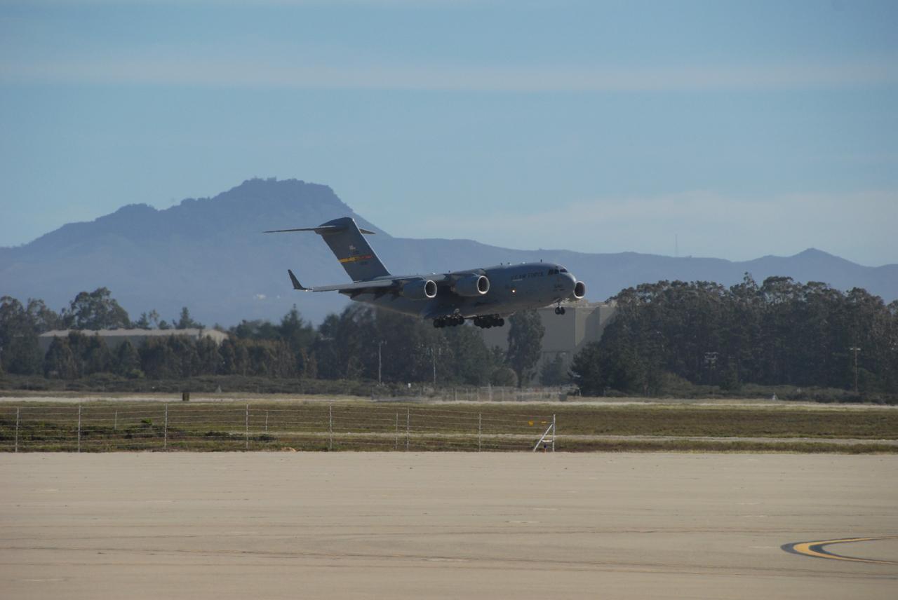 VANDENBERG AIR FORCE BASE, Calif. -- The Aquarius/SAC-D spacecraft arrives at Vandenberg Air Force Base in California from Campos, Brazil, aboard a U.S. Air Force C-17 transport plane. Following final tests, the spacecraft will be integrated to a United Launch Alliance Delta II rocket in preparation for the targeted June launch to low Earth orbit.            Aquarius, the NASA-built primary instrument on the SAC-D spacecraft, will map global changes in salinity at the ocean's surface. Salinity is a key measurement for understanding how changes in rainfall, evaporation and the melting of freezing of ice influence ocean circulation and are linked to variations in Earth's climate. The three-year mission will provide new insights into how variations in ocean surface salinity relate to these fundamental climate processes. Photo credit: VAFB/30th Space Wing