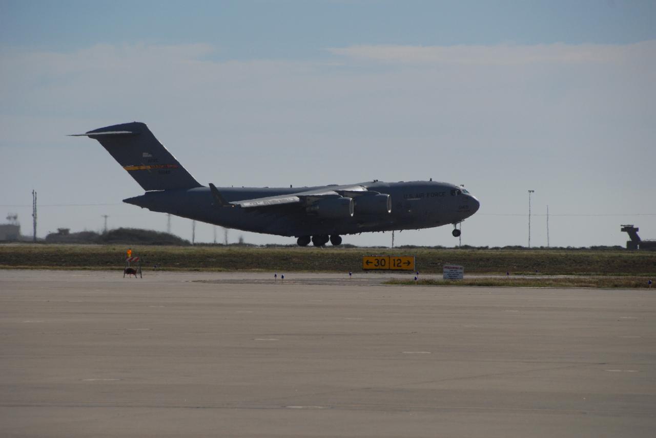 VANDENBERG AIR FORCE BASE, Calif. -- The Aquarius/SAC-D spacecraft arrives at Vandenberg Air Force Base in California from Campos, Brazil, aboard a U.S. Air Force C-17 transport plane. Following final tests, the spacecraft will be integrated to a United Launch Alliance Delta II rocket in preparation for the targeted June launch to low Earth orbit.          Aquarius, the NASA-built primary instrument on the SAC-D spacecraft, will map global changes in salinity at the ocean's surface. Salinity is a key measurement for understanding how changes in rainfall, evaporation and the melting of freezing of ice influence ocean circulation and are linked to variations in Earth's climate. The three-year mission will provide new insights into how variations in ocean surface salinity relate to these fundamental climate processes. Photo credit: VAFB/30th Space Wing