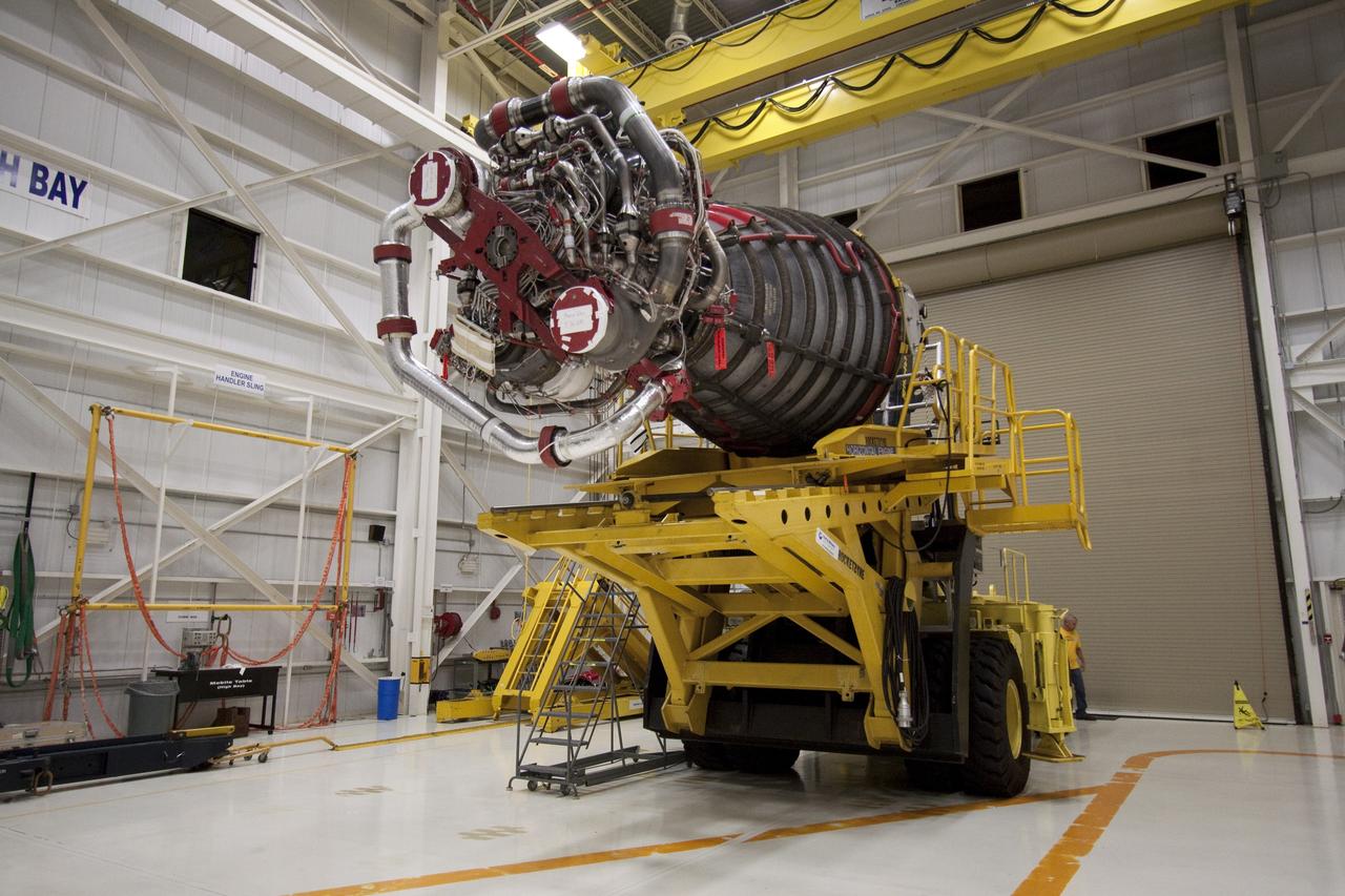 CAPE CANAVERAL, Fla. - Space shuttle main engine No. 2, which was removed from shuttle Discovery, will undergo standard inspections in the Space Shuttle Main Engine Processing Facility at NASA's Kennedy Space Center in Florida. The removal was part of Discovery's transition and retirement processing. Work performed on Discovery is expected to help rocket designers build next-generation spacecraft and prepare the shuttle for future public display. Photo credit: NASA/Jack Pfaller