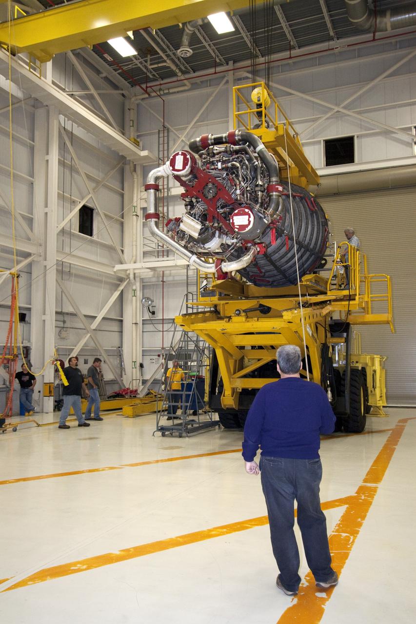 CAPE CANAVERAL, Fla. - Space shuttle main engine No. 2, which was removed from shuttle Discovery, will undergo standard inspections in the Space Shuttle Main Engine Processing Facility at NASA's Kennedy Space Center in Florida. The removal was part of Discovery's transition and retirement processing. Work performed on Discovery is expected to help rocket designers build next-generation spacecraft and prepare the shuttle for future public display. Photo credit: NASA/Jack Pfaller