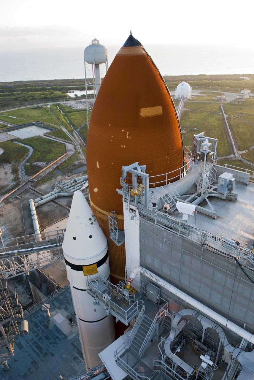CAPE CANAVERAL, Fla. -- Technicians and engineers will perform a walk down and detailed inspections of space shuttle Endeavour following severe storms over Launch Pad 39A at NASA's Kennedy Space Center in Florida. The frontal system moved through Central Florida producing strong winds, heavy rain, frequent lightning and even funnel clouds. During the inspections, teams found only minor damage to Endeavour's external fuel tank foam insulation and evaluations indicate there was no damage to the spacecraft. Endeavour and its six-member STS-134 crew are targeted to launch April 29 at 3:47 p.m. EDT. They will deliver the Express Logistics Carrier-3, Alpha Magnetic Spectrometer-2 (AMS), a high-pressure gas tank, additional spare parts for the Dextre robotic helper and micrometeoroid debris shields to the International Space Station. This will be the final spaceflight for Endeavour. For more information visit, www.nasa.gov/mission_pages/shuttle/shuttlemissions/sts134/index.html. Photo credit: NASA/Jim Grossmann