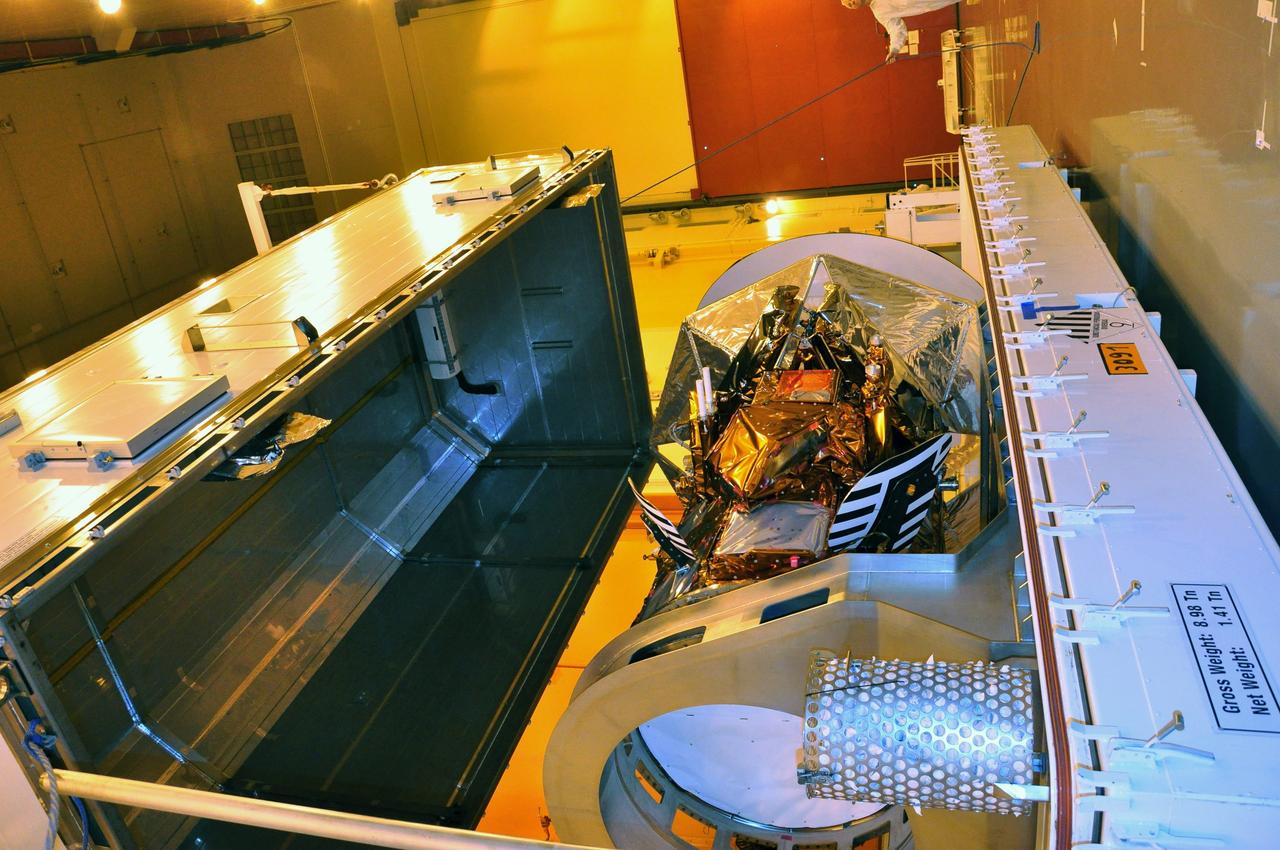 VANDENBERG AIR FORCE BASE, Calif. -- The Aquarius/SAC-D spacecraft is unpacked and unveiled in the Spaceport Systems International payload processing facility at Vandenberg Air Force Base in California. The container protected the spacecraft on its journey from Campos, Brazil, aboard a U.S. Air Force C-17 transport plane. Following final tests, the spacecraft will be integrated to a United Launch Alliance Delta II rocket in preparation for the targeted June launch to low Earth orbit.        Aquarius, the NASA-built primary instrument on the SAC-D spacecraft, will map global changes in salinity at the ocean's surface. Salinity is a key measurement for understanding how changes in rainfall, evaporation and the melting of freezing of ice influence ocean circulation and are linked to variations in Earth's climate. The three-year mission will provide new insights into how variations in ocean surface salinity relate to these fundamental climate processes. Photo credit: NASA/Randy Beaudoin, VAFB