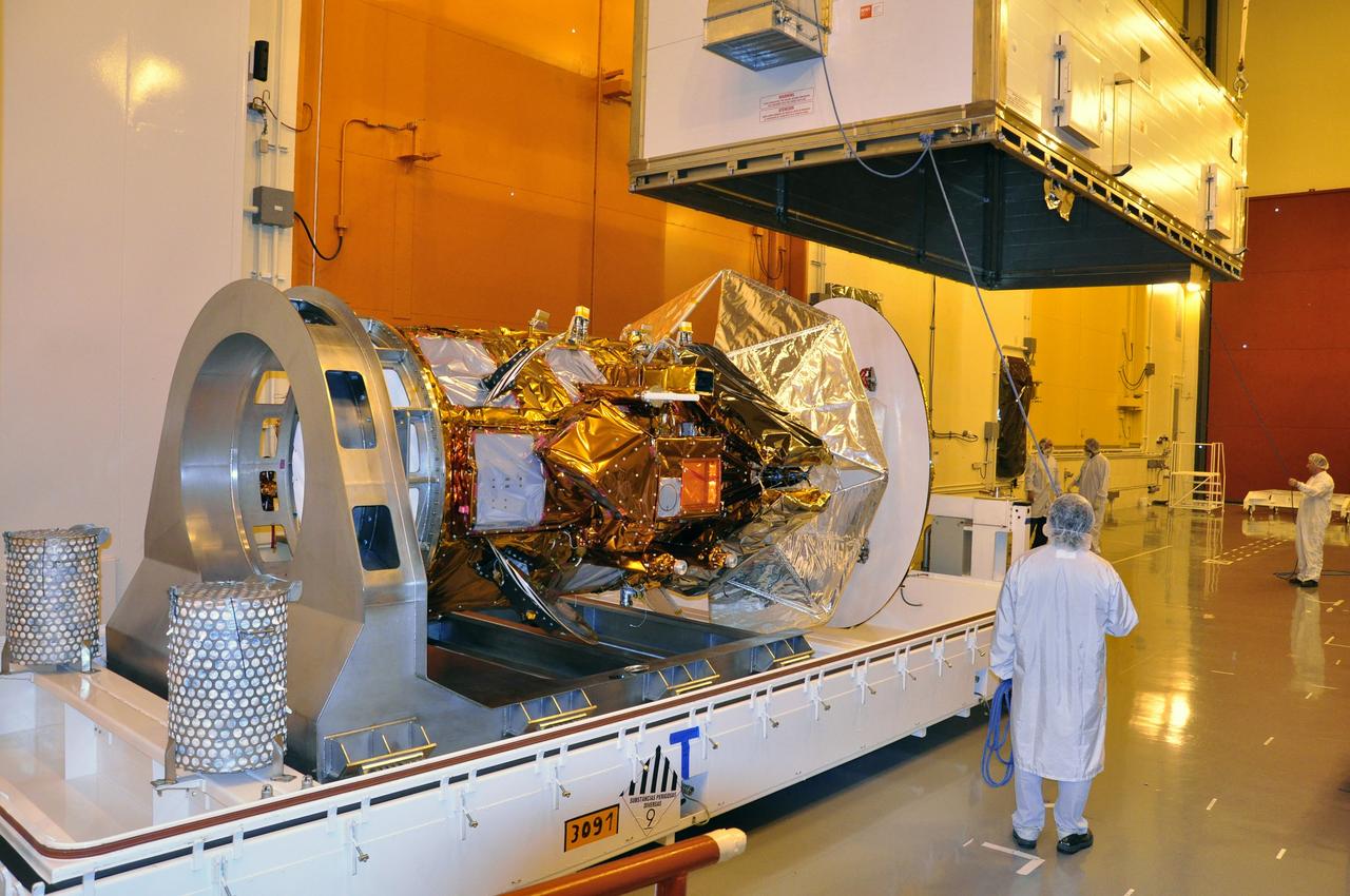 VANDENBERG AIR FORCE BASE, Calif. -- The Aquarius/SAC-D spacecraft is unpacked and unveiled in the Spaceport Systems International payload processing facility at Vandenberg Air Force Base in California. The container protected the spacecraft on its journey from Campos, Brazil, aboard a U.S. Air Force C-17 transport plane. Following final tests, the spacecraft will be integrated to a United Launch Alliance Delta II rocket in preparation for the targeted June launch to low Earth orbit.      Aquarius, the NASA-built primary instrument on the SAC-D spacecraft, will map global changes in salinity at the ocean's surface. Salinity is a key measurement for understanding how changes in rainfall, evaporation and the melting of freezing of ice influence ocean circulation and are linked to variations in Earth's climate. The three-year mission will provide new insights into how variations in ocean surface salinity relate to these fundamental climate processes. Photo credit: NASA/Randy Beaudoin, VAFB