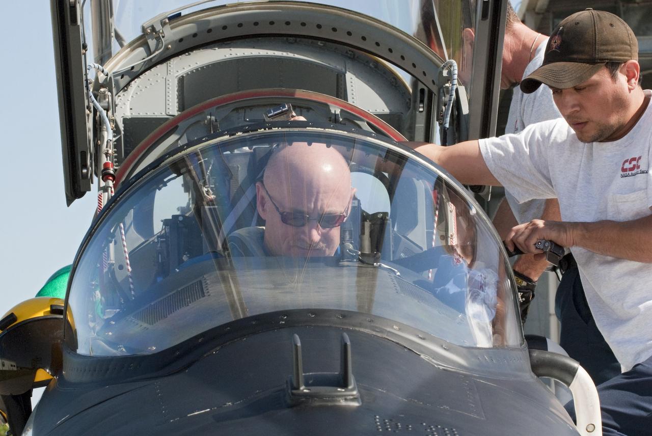 CAPE CANAVERAL, Fla. -- STS-134 Commander Mark Kelly prepares to depart the Shuttle Landing Facility at NASA's Kennedy Space Center in Florida aboard a T-38 jet. While at Kennedy, space shuttle Endeavour's crew participated in a launch countdown dress rehearsal called the Terminal Countdown Demonstration Test (TCDT) and related training. Kelly will return to NASA's Johnson Space Center in Houston to resume training for the upcoming STS-134 mission. Endeavour and its six STS-134 crew members will deliver the Express Logistics Carrier-3, Alpha Magnetic Spectrometer-2 (AMS), a high-pressure gas tank, additional spare parts for the Dextre robotic helper and micrometeoroid debris shields to the International Space Station. This will be the final spaceflight for Endeavour. Launch is targeted for April 29 at 3:47 p.m. EDT. For more information visit, www.nasa.gov/mission_pages/shuttle/shuttlemissions/sts134/index.html. Photo credit: NASA/Kim Shiflett