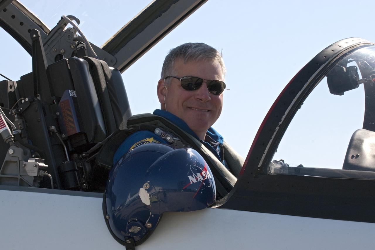 CAPE CANAVERAL, Fla. -- STS-134 Pilot Greg H. Johnson prepares to depart the Shuttle Landing Facility at NASA's Kennedy Space Center in Florida aboard a T-38 jet. While at Kennedy, space shuttle Endeavour's crew participated in a launch countdown dress rehearsal called the Terminal Countdown Demonstration Test (TCDT) and related training. Johnson will return to NASA's Johnson Space Center in Houston to resume training for the upcoming STS-134 mission. Endeavour and its six STS-134 crew members will deliver the Express Logistics Carrier-3, Alpha Magnetic Spectrometer-2 (AMS), a high-pressure gas tank, additional spare parts for the Dextre robotic helper and micrometeoroid debris shields to the International Space Station. This will be the final spaceflight for Endeavour. Launch is targeted for April 29 at 3:47 p.m. EDT. For more information visit, www.nasa.gov/mission_pages/shuttle/shuttlemissions/sts134/index.html. Photo credit: NASA/Kim Shiflett