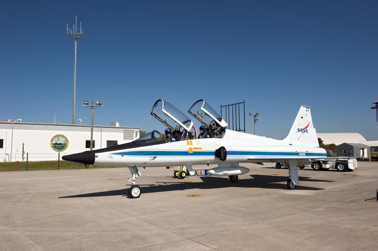 CAPE CANAVERAL, Fla. -- STS-134 Pilot Greg H. Johnson, left, and Mission Specialist Roberto Vittori, with the European Space Agency, prepare to depart the Shuttle Landing Facility at NASA's Kennedy Space Center in Florida aboard a T-38 jet. While at Kennedy, space shuttle Endeavour's crew participated in a launch countdown dress rehearsal called the Terminal Countdown Demonstration Test (TCDT) and related training. The pair will return to NASA's Johnson Space Center in Houston to resume training for their upcoming mission. Endeavour and its six STS-134 crew members will deliver the Express Logistics Carrier-3, Alpha Magnetic Spectrometer-2 (AMS), a high-pressure gas tank, additional spare parts for the Dextre robotic helper and micrometeoroid debris shields to the International Space Station. This will be the final spaceflight for Endeavour. Launch is targeted for April 29 at 3:47 p.m. EDT. For more information visit, www.nasa.gov/mission_pages/shuttle/shuttlemissions/sts134/index.html. Photo credit: NASA/Kim Shiflett