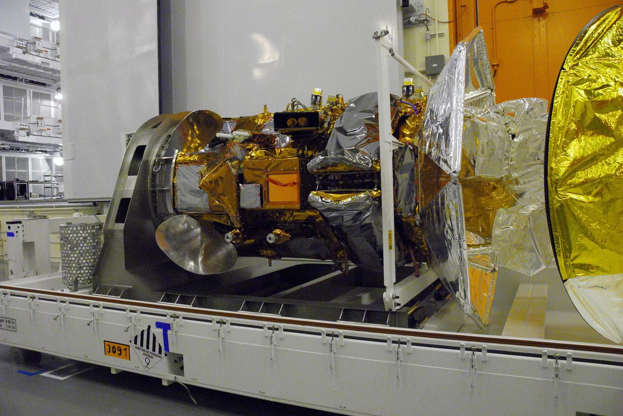 VANDENBERG AIR FORCE BASE, Calif. -- The Aquarius/SAC-D spacecraft is being prepared for its move to cell 3 at the Spaceport Systems International payload processing facility at Vandenberg Air Force Base in California. There, the spacecraft will undergo inspection of its solar arrays and tests will be conducted on its propulsion subsystem. Further testing of the satellites various other systems will follow.              Following final tests, the spacecraft will be integrated to a United Launch Alliance Delta II rocket in preparation for the targeted June launch. Aquarius, the NASA-built primary instrument on the SAC-D spacecraft, will map global changes in salinity at the ocean's surface. The three-year mission will provide new insights into how variations in ocean surface salinity relate to these fundamental climate processes. Photo credit: NASA/Randy Beaudoin, VAFB