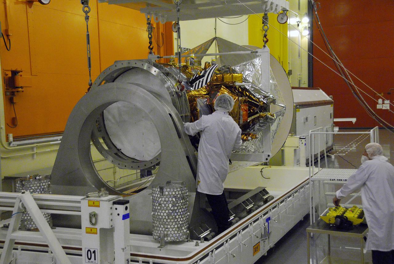 VANDENBERG AIR FORCE BASE, Calif. -- Technicians prepare the Aquarius/SAC-D spacecraft for its move to cell 3 at the Spaceport Systems International payload processing facility at Vandenberg Air Force Base in California. There, the spacecraft will undergo inspection of its solar arrays and tests will be conducted on its propulsion subsystem. Further testing of the satellites various other systems will follow.                Following final tests, the spacecraft will be integrated to a United Launch Alliance Delta II rocket in preparation for the targeted June launch. Aquarius, the NASA-built primary instrument on the SAC-D spacecraft, will map global changes in salinity at the ocean's surface. The three-year mission will provide new insights into how variations in ocean surface salinity relate to these fundamental climate processes. Photo credit: NASA/Randy Beaudoin, VAFB
