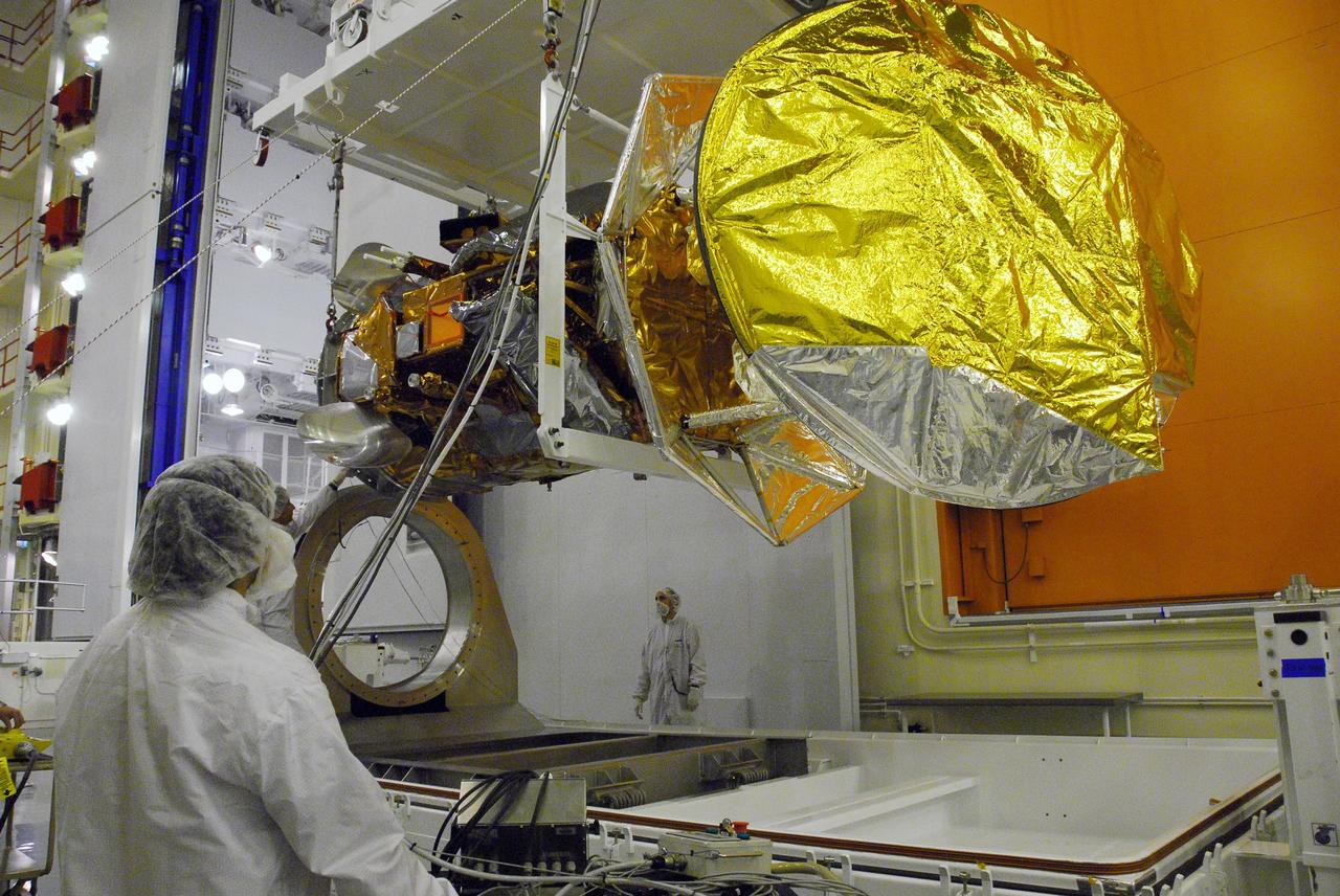 VANDENBERG AIR FORCE BASE, Calif. -- Technicians monitor the lifting of the Aquarius/SAC-D spacecraft from its stand by an overhead crane to cell 3 at the Spaceport Systems International payload processing facility at Vandenberg Air Force Base in California. There, the spacecraft will undergo inspection of its solar arrays and tests will be conducted on its propulsion subsystem. Further testing of the satellites various other systems will follow.            Following final tests, the spacecraft will be integrated to a United Launch Alliance Delta II rocket in preparation for the targeted June launch. Aquarius, the NASA-built primary instrument on the SAC-D spacecraft, will map global changes in salinity at the ocean's surface. The three-year mission will provide new insights into how variations in ocean surface salinity relate to these fundamental climate processes. Photo credit: NASA/Randy Beaudoin, VAFB