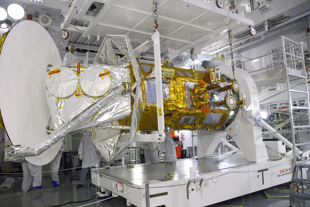 VANDENBERG AIR FORCE BASE, Calif. -- The Aquarius/SAC-D spacecraft is secured to the Rotation and Test Fixture in cell 3 at the Spaceport Systems International payload processing facility at Vandenberg Air Force Base in California. There, the spacecraft will undergo inspection of its solar arrays and tests will be conducted on its propulsion subsystem. Further testing of the satellites various other systems will follow.      Following final tests, the spacecraft will be integrated to a United Launch Alliance Delta II rocket in preparation for the targeted June launch. Aquarius, the NASA-built primary instrument on the SAC-D spacecraft, will map global changes in salinity at the ocean's surface. The three-year mission will provide new insights into how variations in ocean surface salinity relate to these fundamental climate processes. Photo credit: NASA/Randy Beaudoin, VAFB